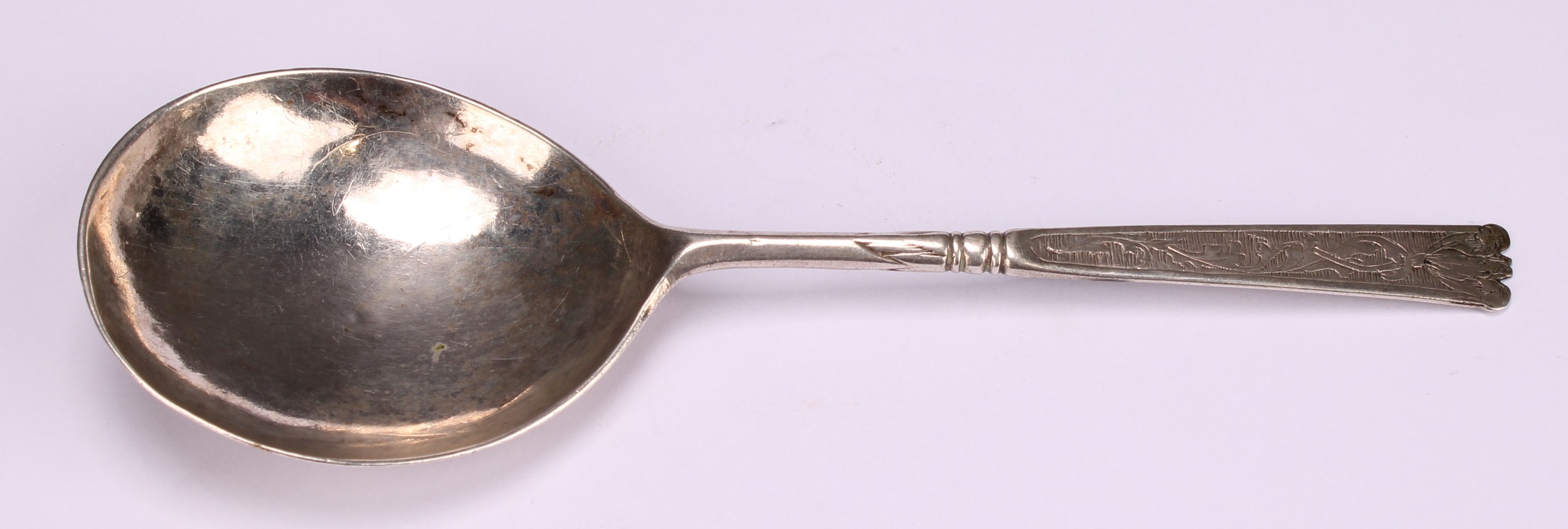 An early 18th century silver spoon, probably Norwegian, the stem engraved with a flower on a - Image 2 of 4