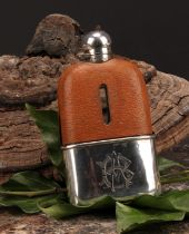 Sampson Mordan - a Victorian silver mounted glass and tan leather hip flask, hinged domed bayonet