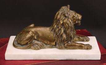 English School (19th century), a bronze, of a recumbent lion, rectangular marble base, 25.5cm wide