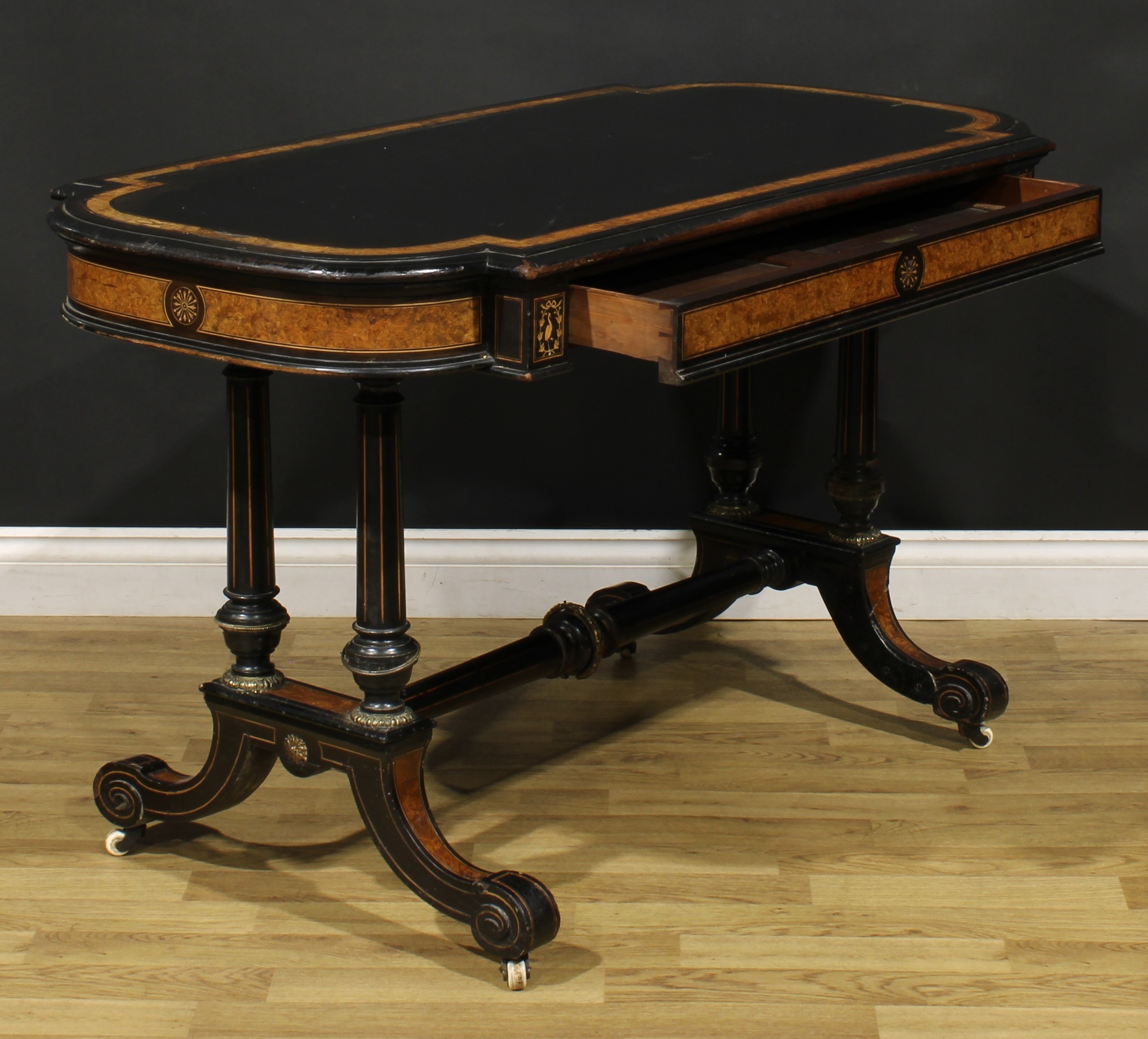 A Victorian amboyna banded ebonised library table, slightly oversailing top with moulded edge - Image 4 of 6