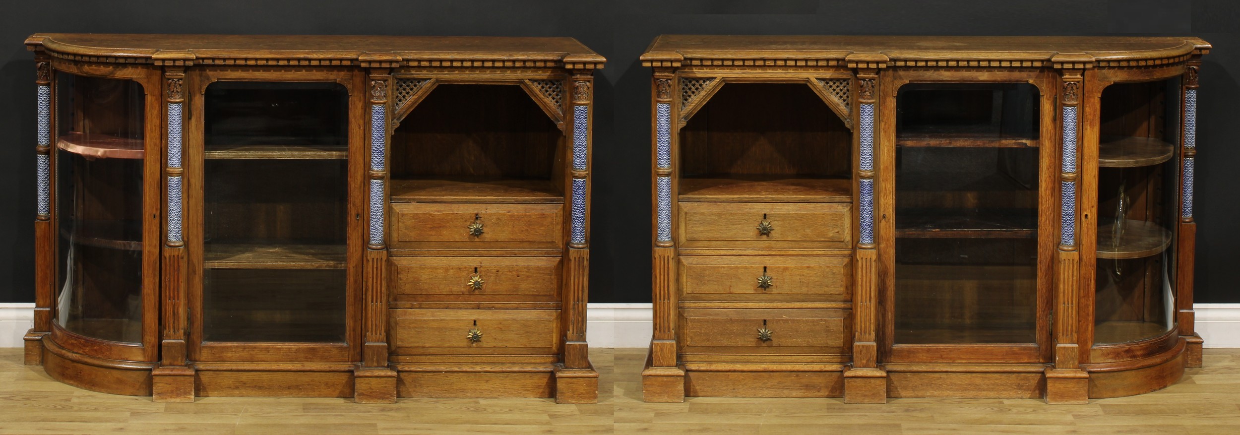 A pair of unusual Arts & Crafts period oak flanking credenzas, each with a slightly oversailing - Image 2 of 2
