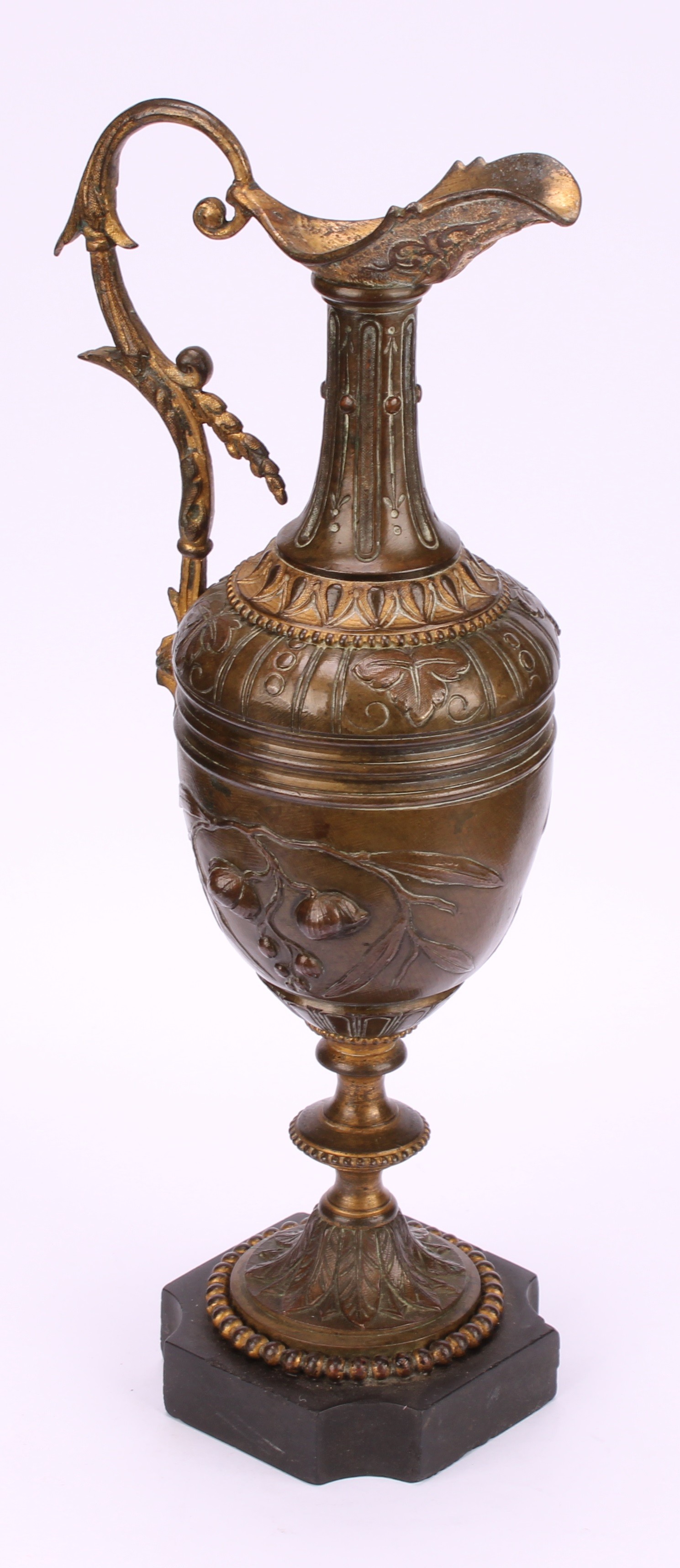 A 19th century Grand Tour ewer, cast with flowers and foliage, scroll handle, knopped stem, black - Image 3 of 4