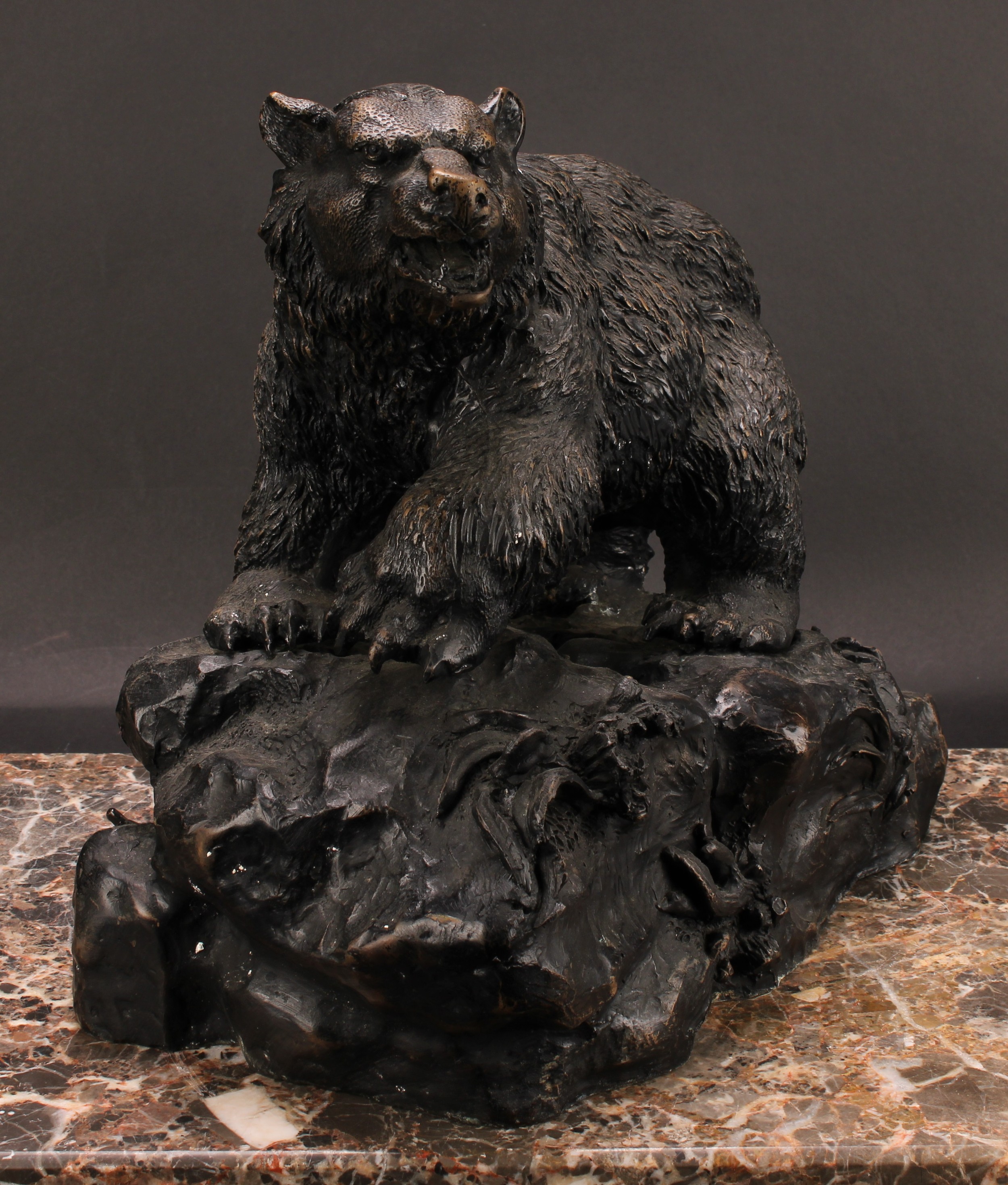 Pierre Jules Mene (1810-1879), after, a brown patinated bronze, of a ferocious bear, standing on a - Image 2 of 4