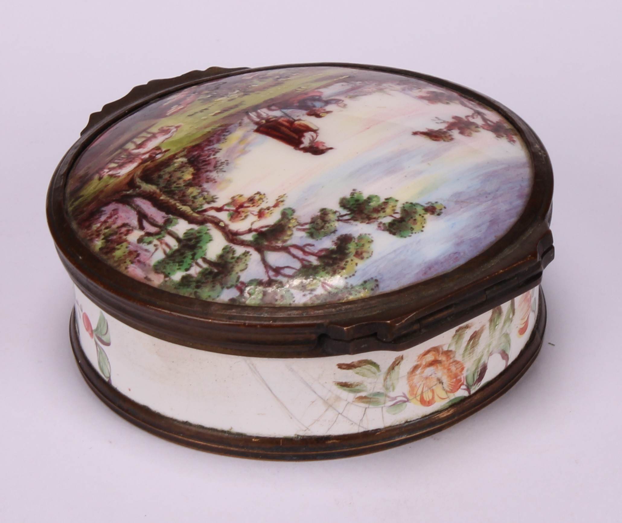 A 19th century enamel circular table snuff box, hinged cover painted with young shepherds in a - Image 5 of 5