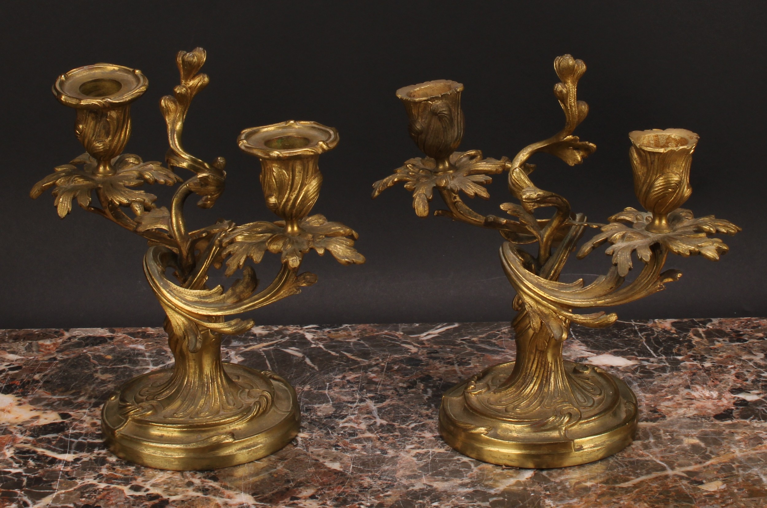 A pair of 19th century gilt brass two-light candelabra, cast with scrolling acanthus, 21cm high, c. - Image 4 of 5