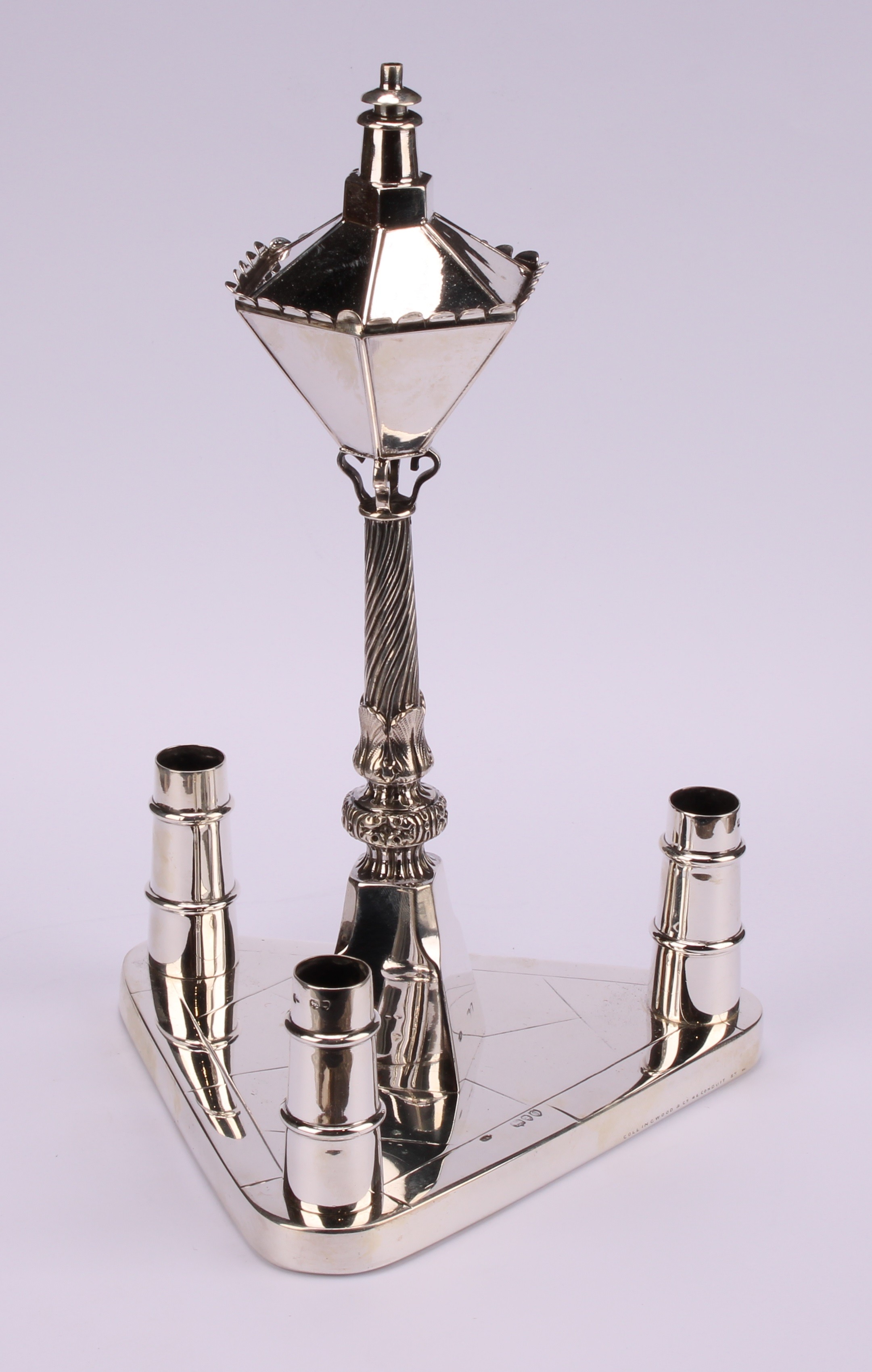 A Victorian silver novelty table centre cigar lighter, as a street lamp, the triform base with three - Image 3 of 4