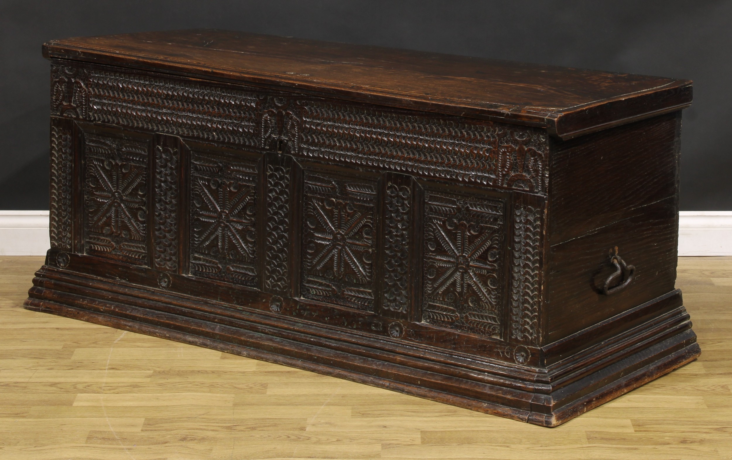 A late 17th century Flemish oak blanket chest, hinged top enclosing a till and ledge, the four-panel - Image 4 of 5