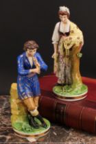 A pair of Bloor Derby figures, of a musician and his companion, he seated on rocky outcrop playing