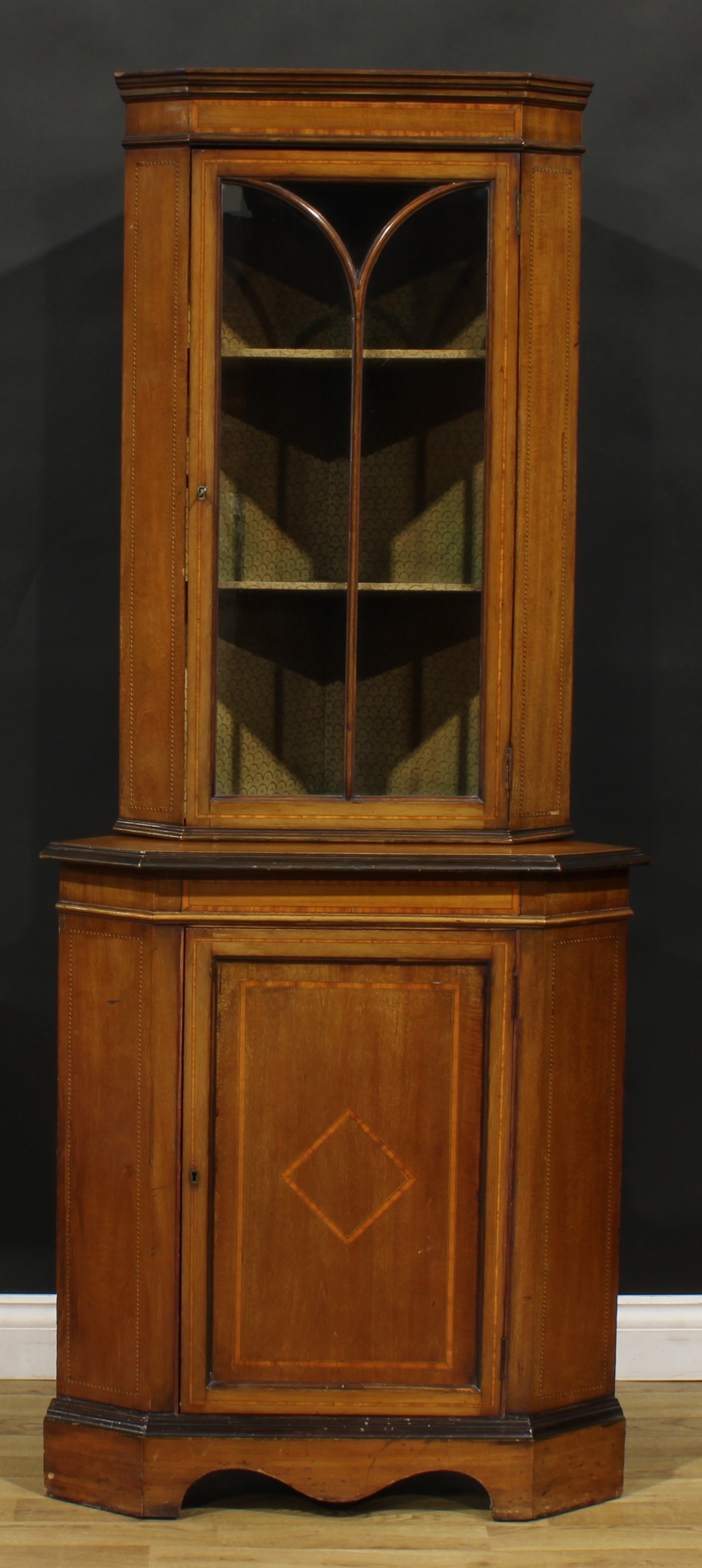 An Edwardian satinwood and barber pole banded mahogany corner display cabinet, 178cm high, 76cm - Image 2 of 2