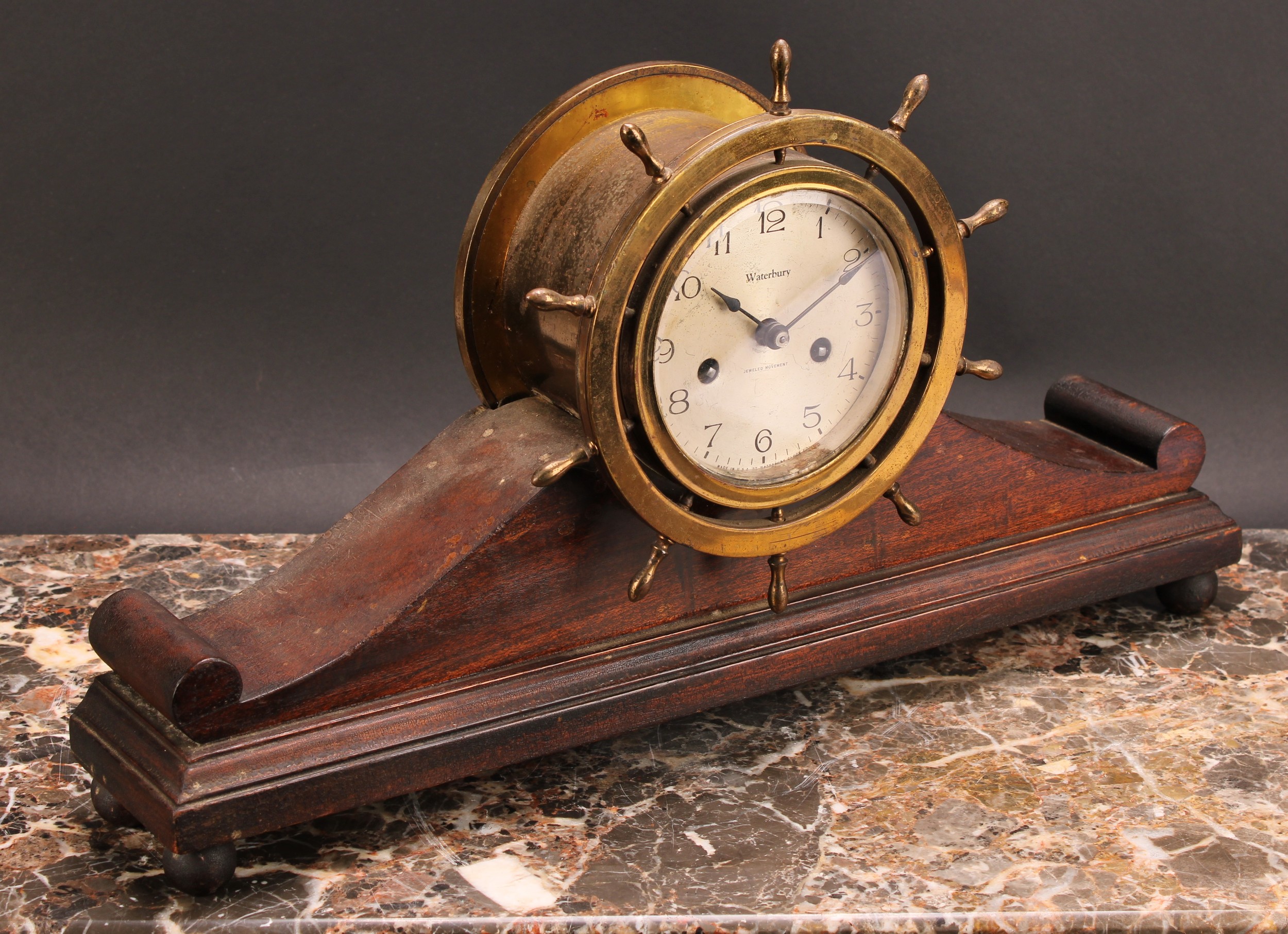 An early 20th century brass and mahogany ship’s wheel mantel clock, 10.5cm silvered dial inscribed - Image 2 of 4