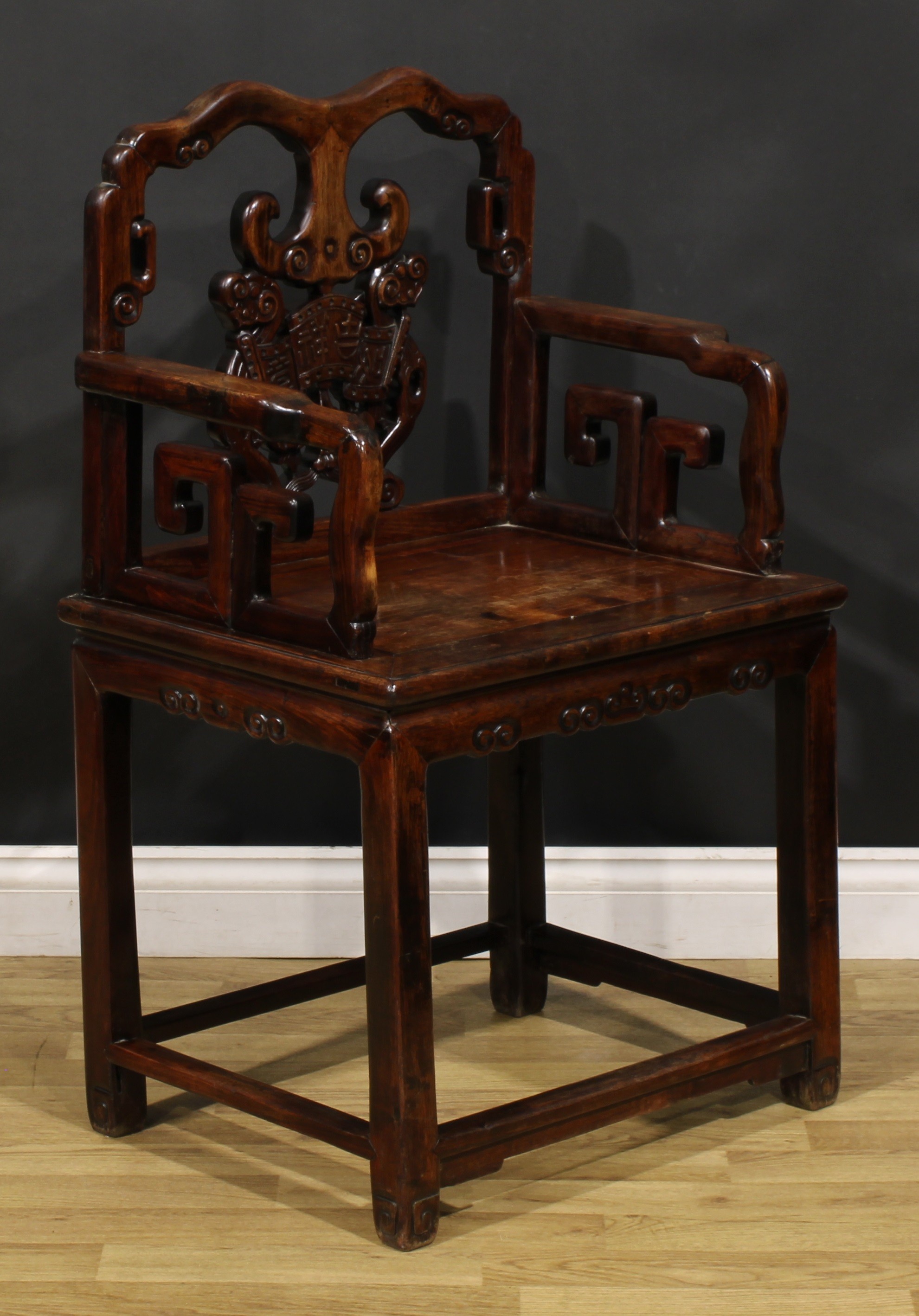 A pair of Chinese hardwood taishi armchairs, each with a shaped back carved with ruyi scepters, - Image 3 of 9