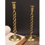 A pair of Victorian brass open-twist table candlesticks, dished circular bases, 37cm high, c.1880