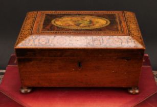 A George III penwork sarcophagus work box, hinged cover decorated with a figure, enclosing fitted