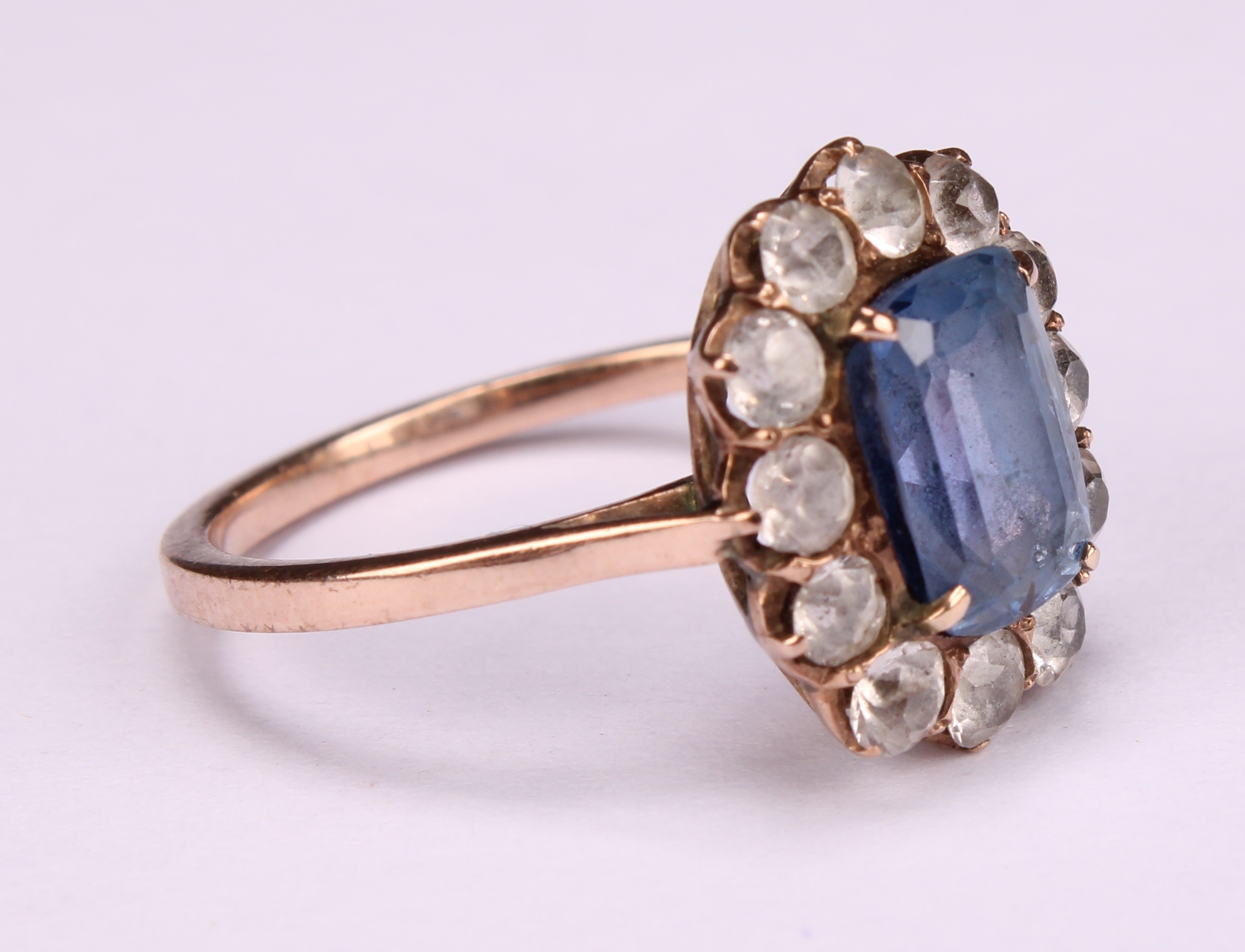 A 19th century pale blue and white sapphire effect paste cluster ring, central cushion cut pale blue - Image 2 of 4