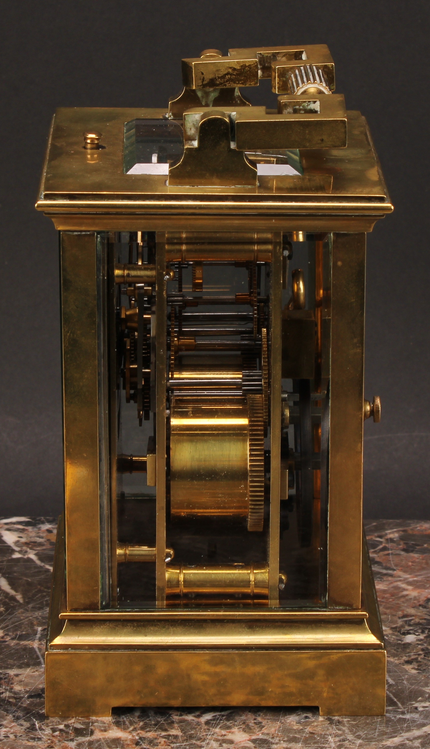 A large 19th century lacquered brass repeater carriage clock, 7cm silvered and bi-colour gilt dial - Image 4 of 6