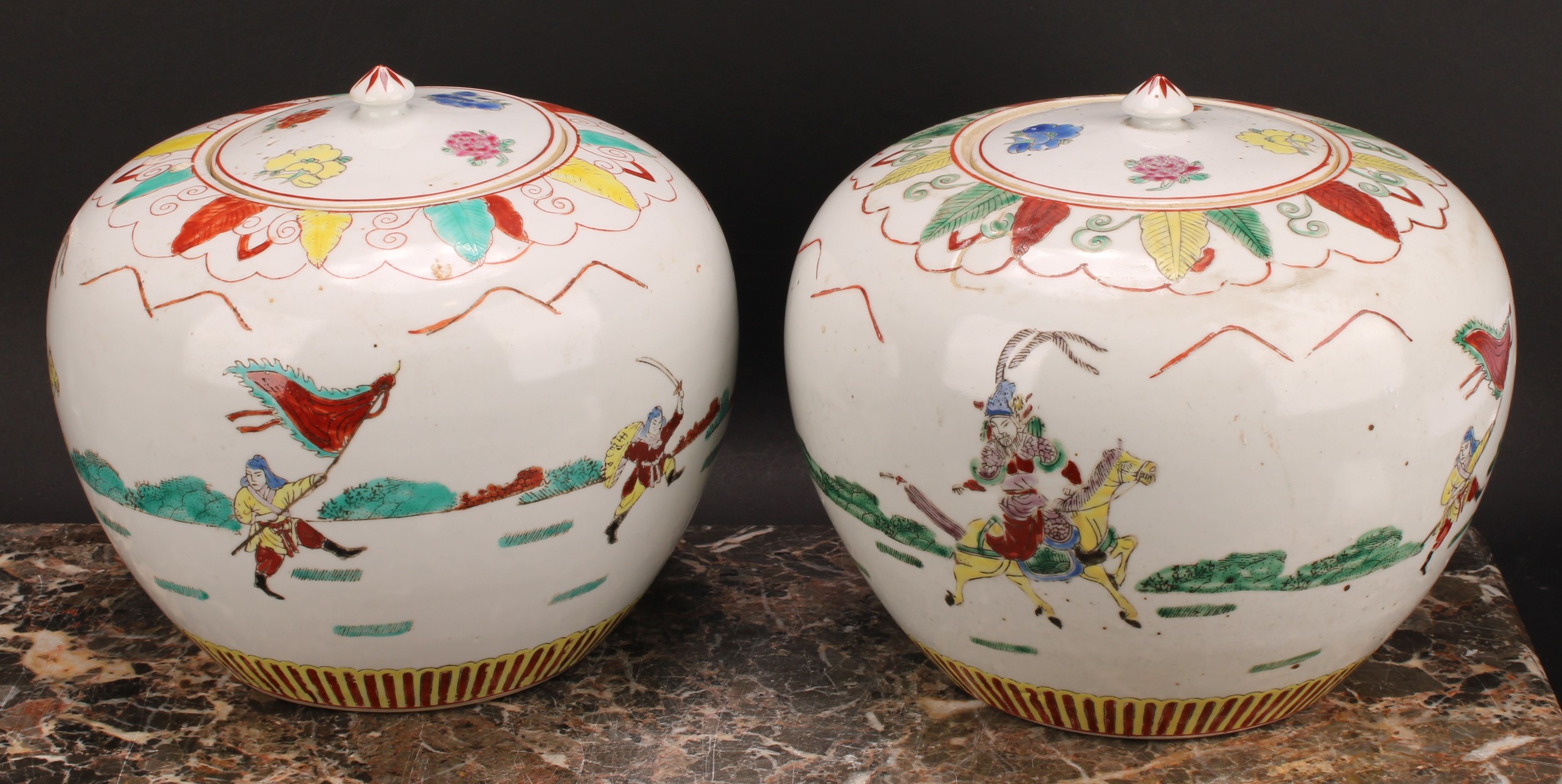 A pair of Chinese ovoid ginger jars and covers, decorated in polychrome with figures in battle, four - Image 2 of 12