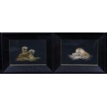 A pair of Japanese silk pictures, depicting tigers, and a lion and cub, 26.5cm x 37cm, oak frames,