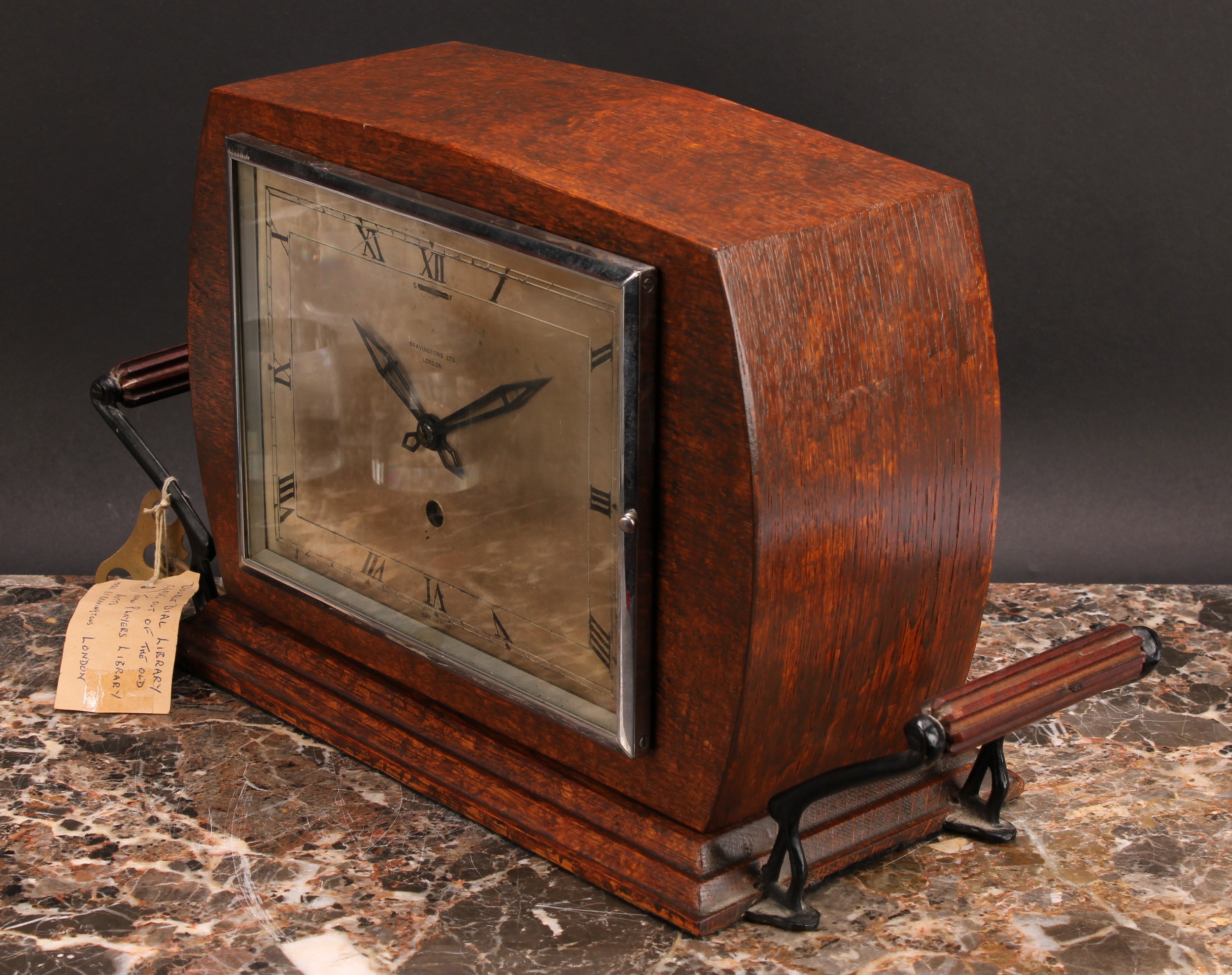 An early 20th century oak double-dial club timepiece, 20cm rectangular silvered dial inscribed - Image 3 of 5