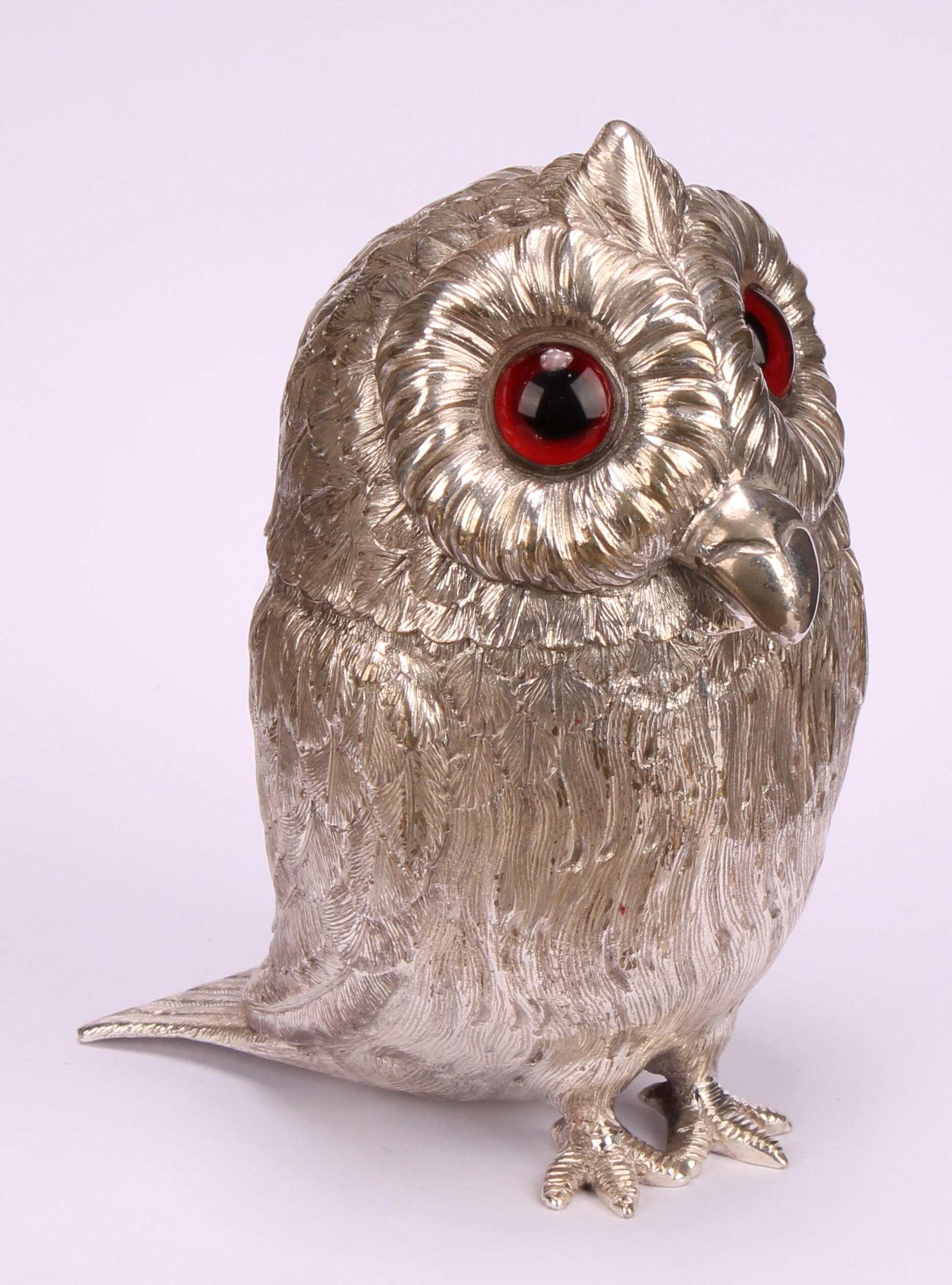 A large silver plated novelty mustard, as an owl, hinged cover, glass eyes, 12cm high - Image 2 of 5