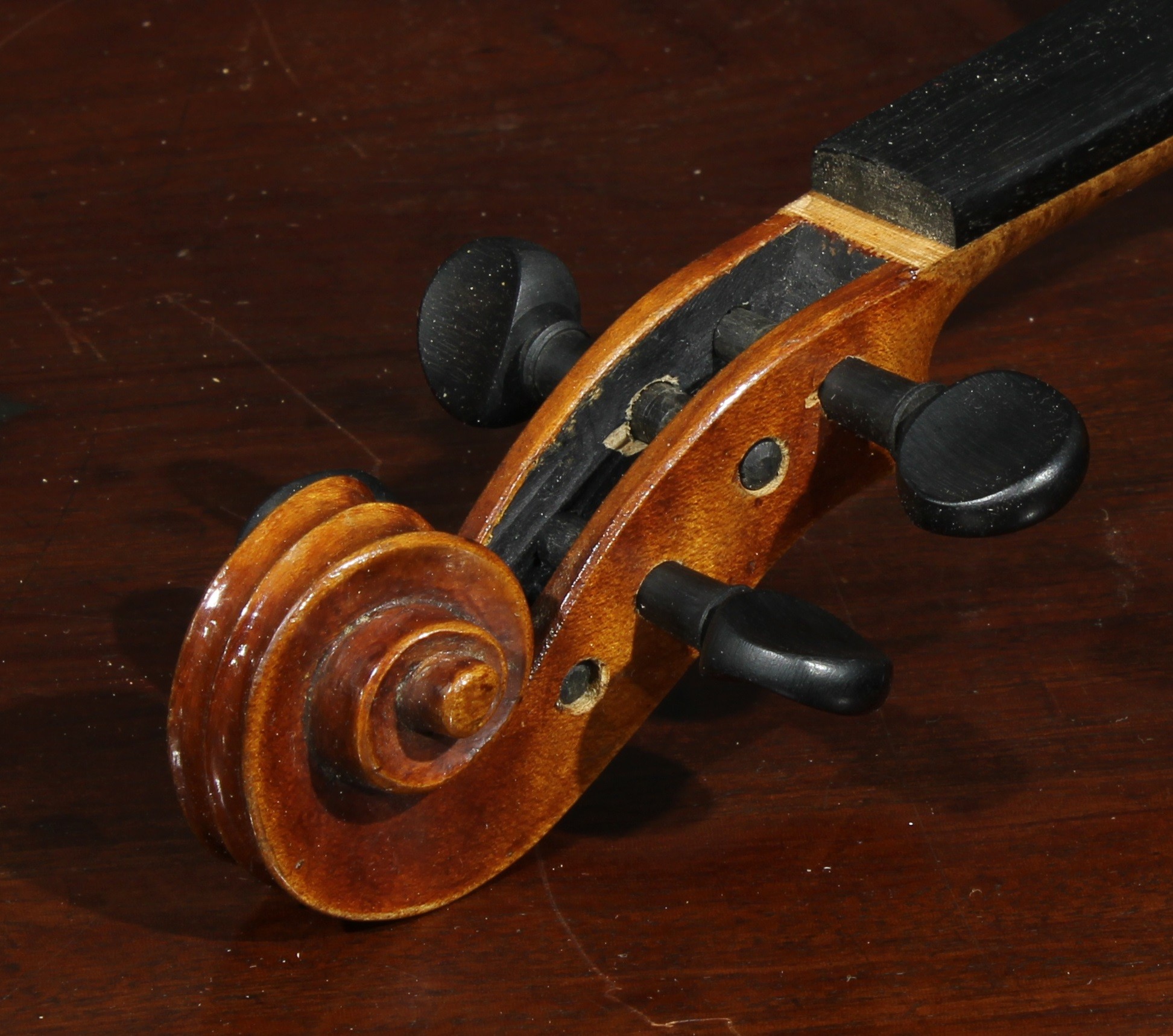 A violin, the one-piece back 36cm long excluding button, ebonised tuning pegs, outlined with - Image 3 of 10