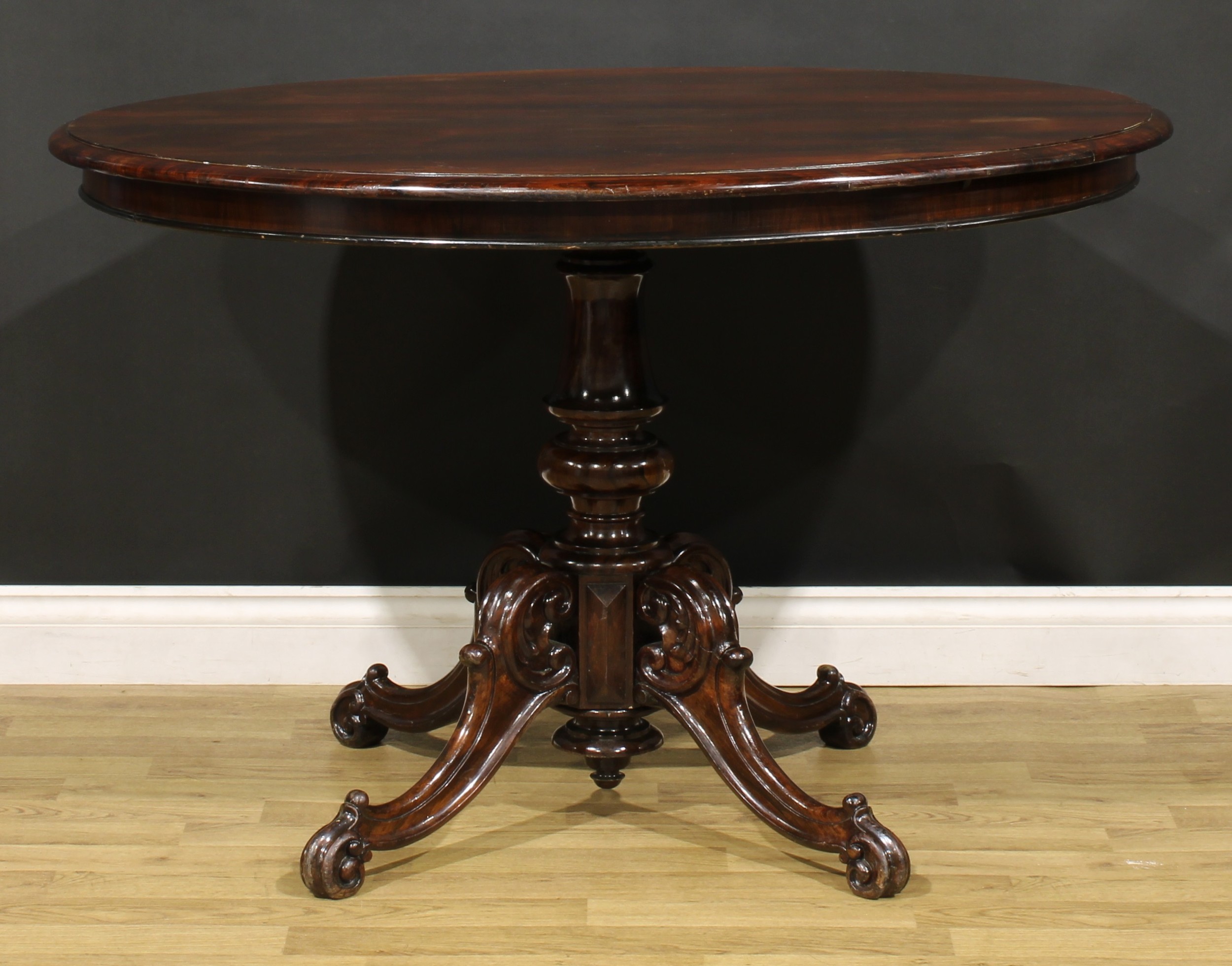 A Victorian rosewood centre table, oval top with moulded edge, turned column, cabriole legs carved - Image 2 of 5