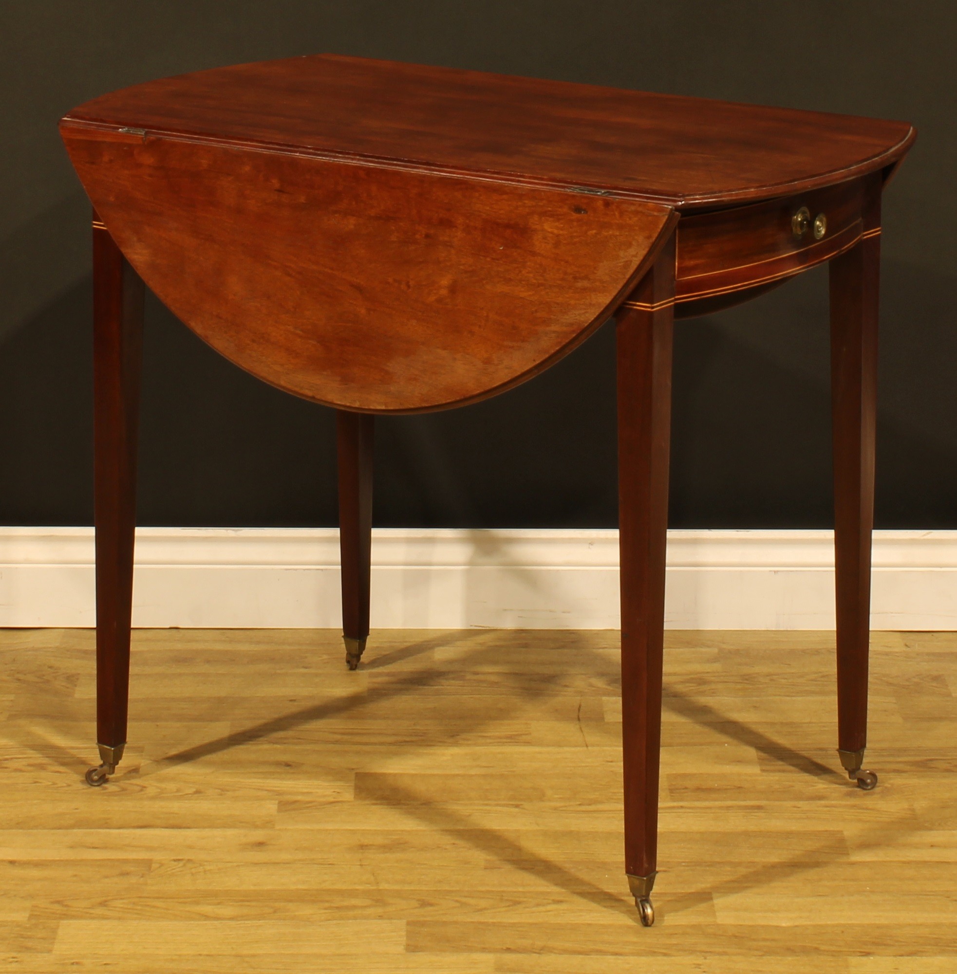 A ‘George III’ mahogany Pembroke table, oval top with fall leaves above a single frieze drawer, - Image 4 of 7