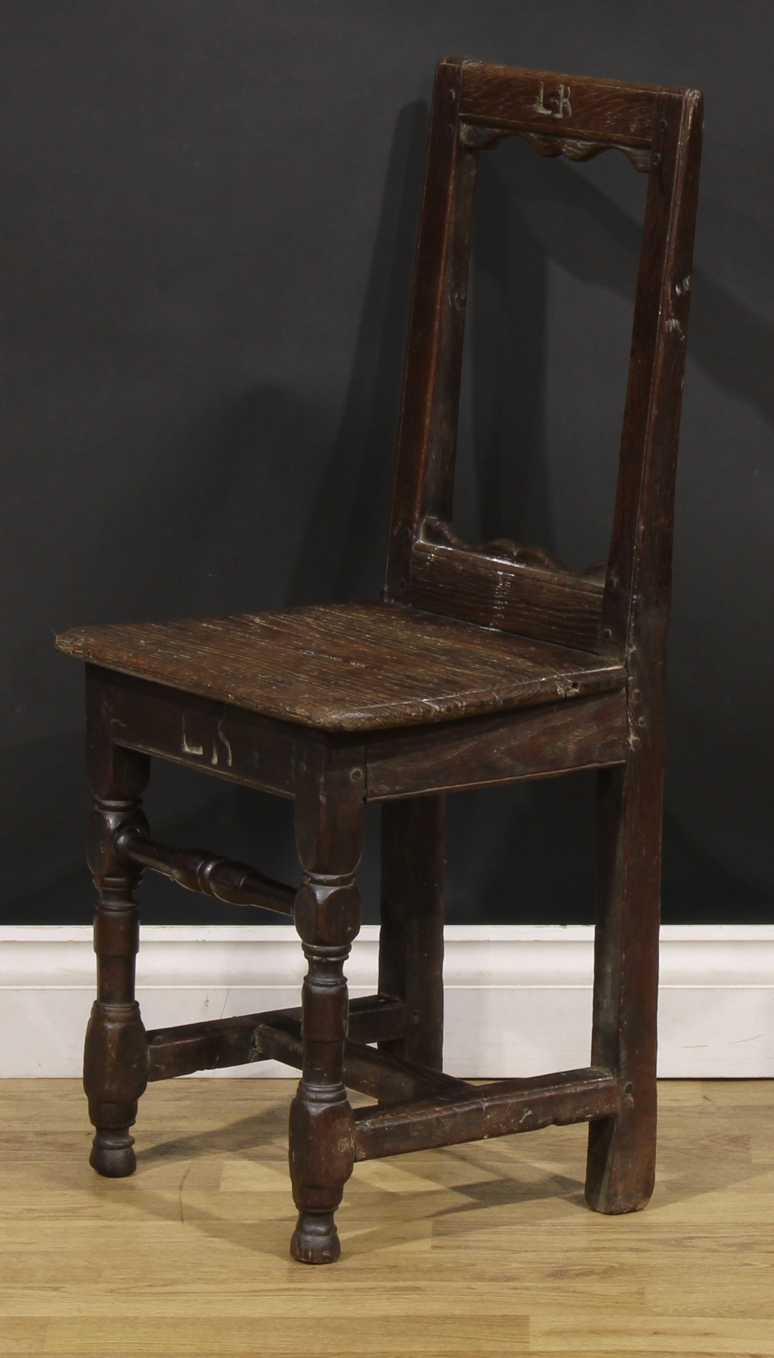 A near pair of 17th century oak backstools, boarded seats, turned legs and stretchers, one - Image 4 of 9