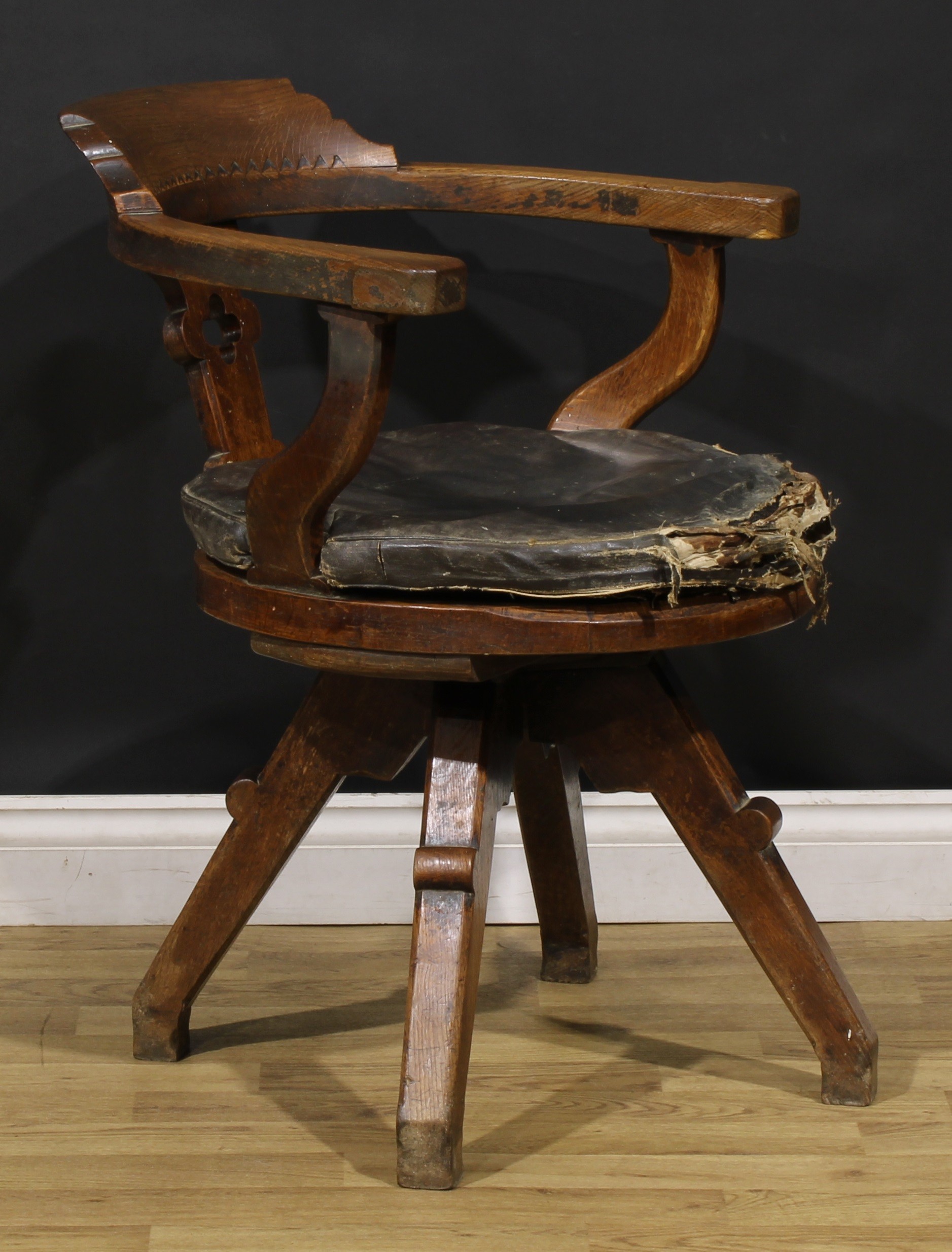 An Arts & Crafts oak swivel desk chair, possibly James Shoolbred and Co, 79.5cm high, 62.5cm wide, - Image 3 of 3