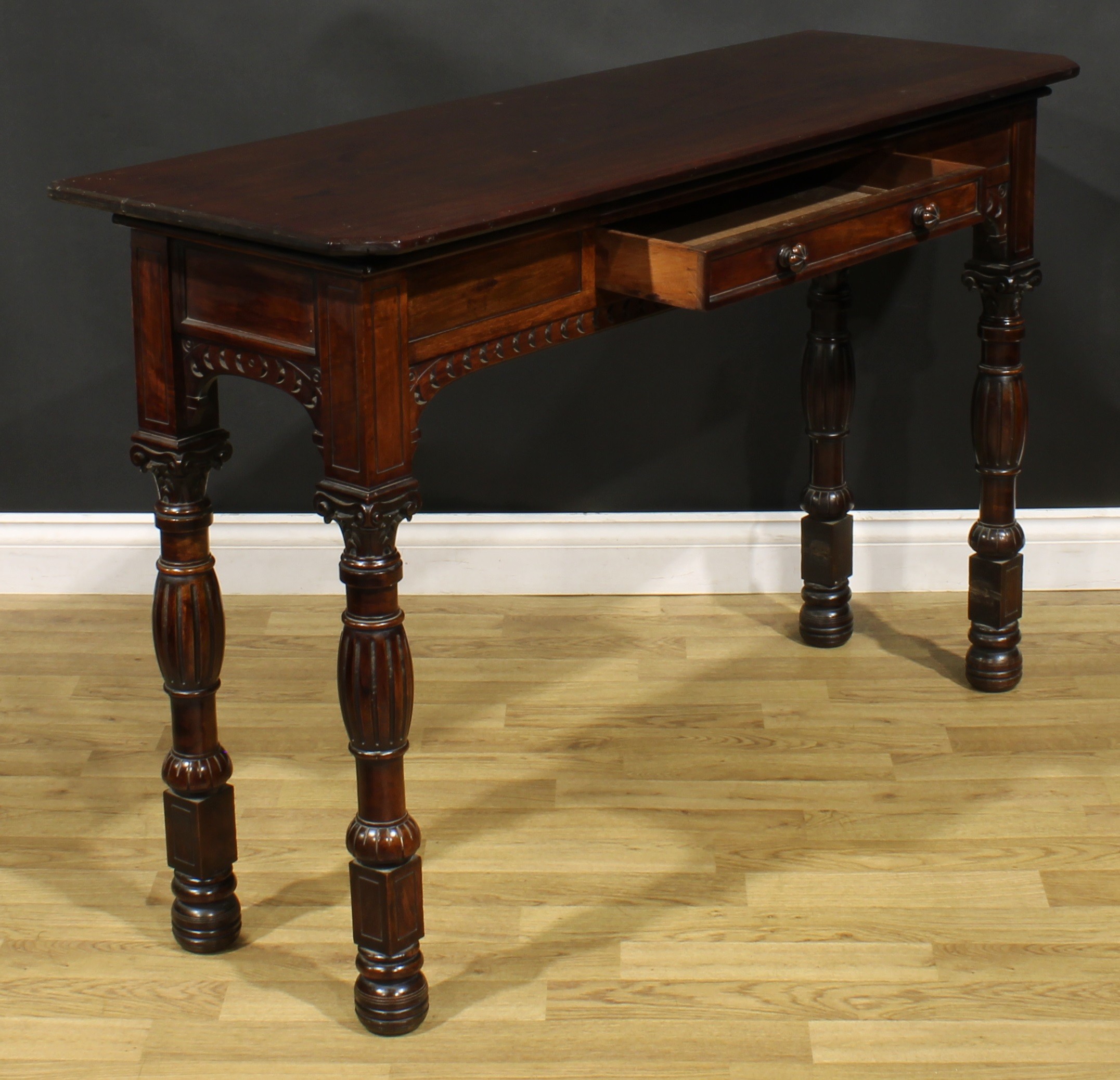 A Victorian mahogany pier table, rectangular top with canted foreangles above a single frieze - Image 4 of 6