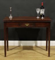 A George III mahogany card table, hinged top with moulded edge enclosing a baize lined playing