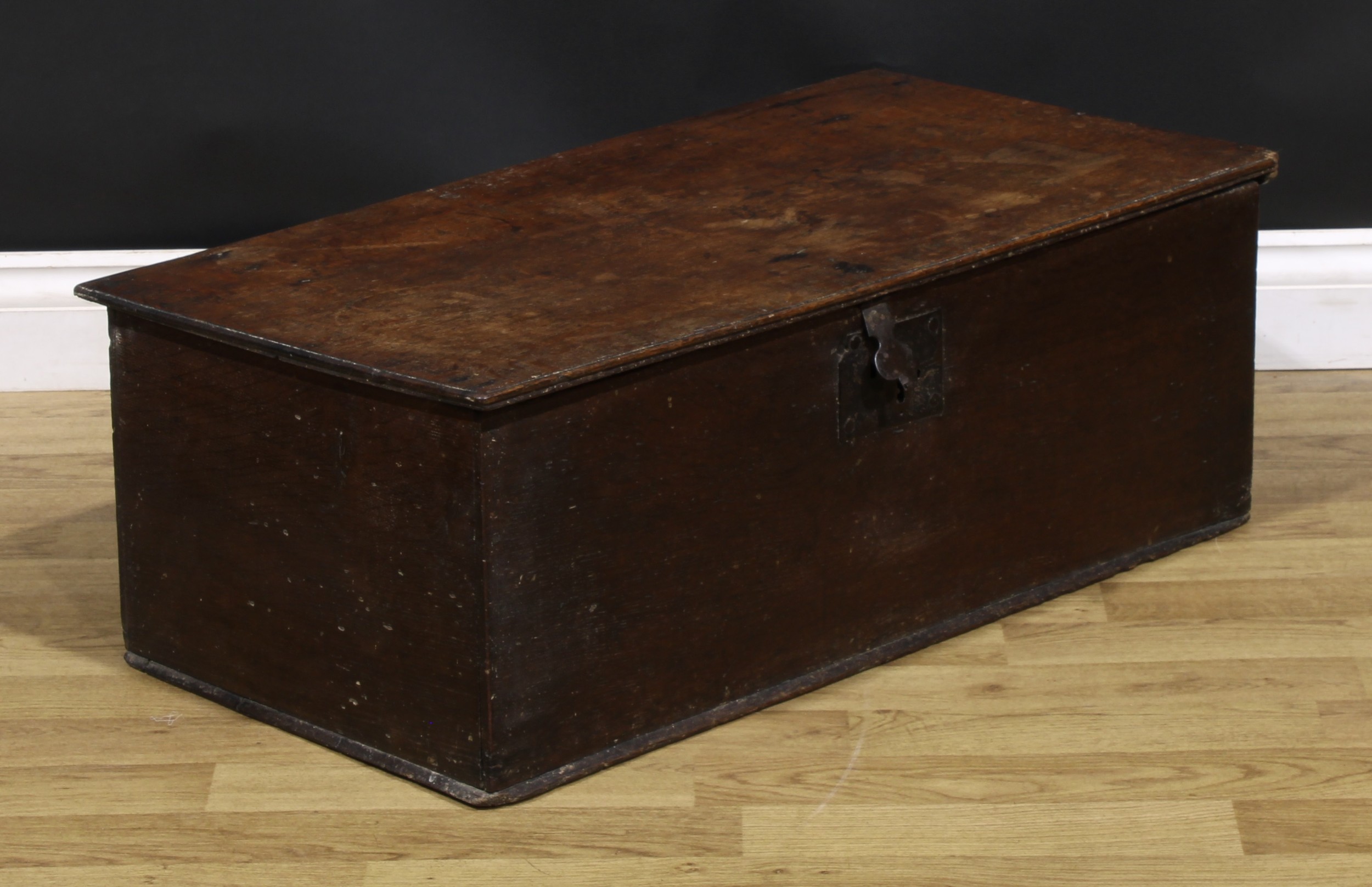 An 18th century oak six-plank boarded table box, hinged top, iron hasp and lock plate, 30cm high, - Image 2 of 4