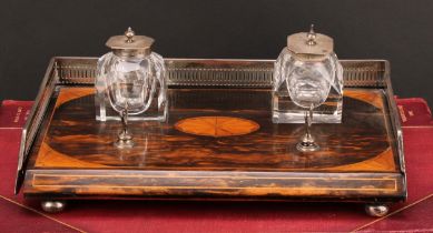 A Victorian silver mounted coromandel and marquetry inkstand, pierced three-quarter gallery, cut