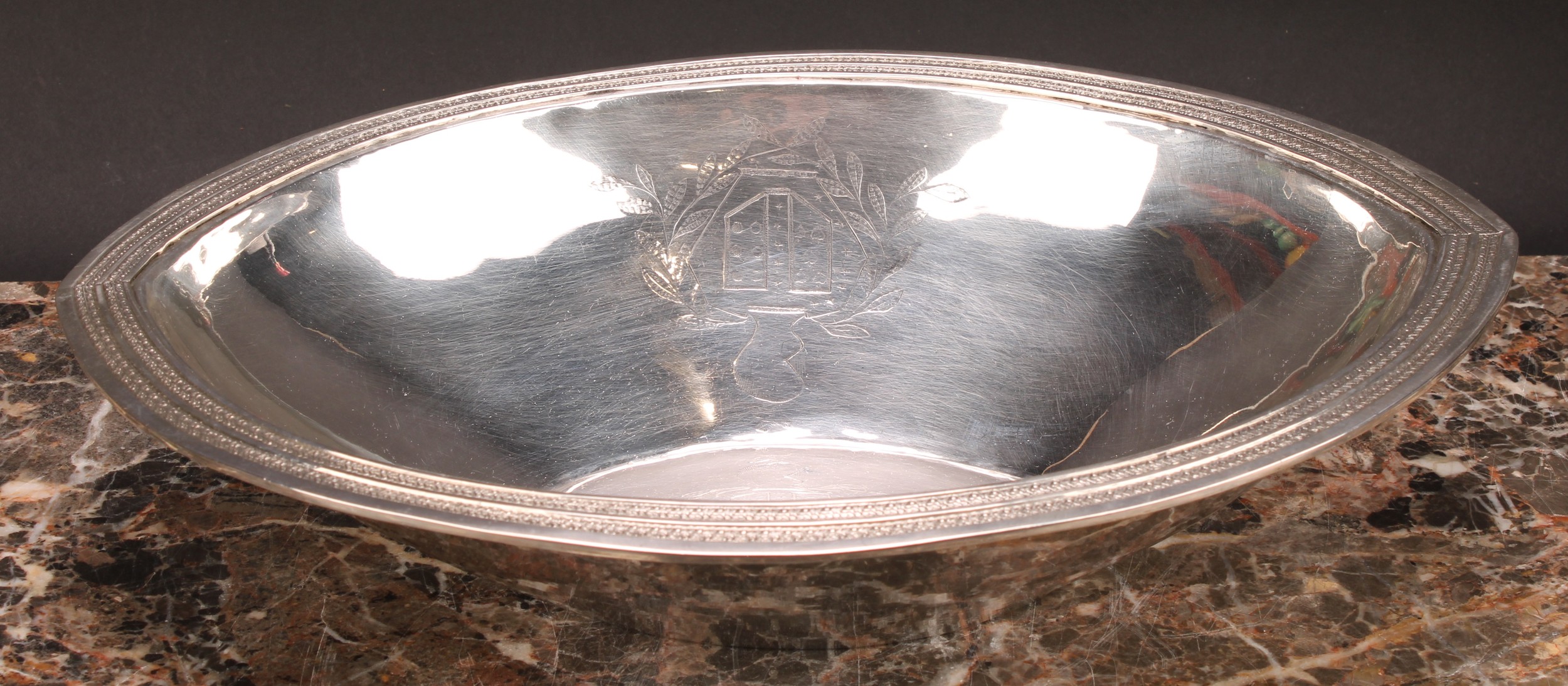 An early 19th century Spanish silver navette shaped dish, the border chased with a double band of - Image 2 of 4