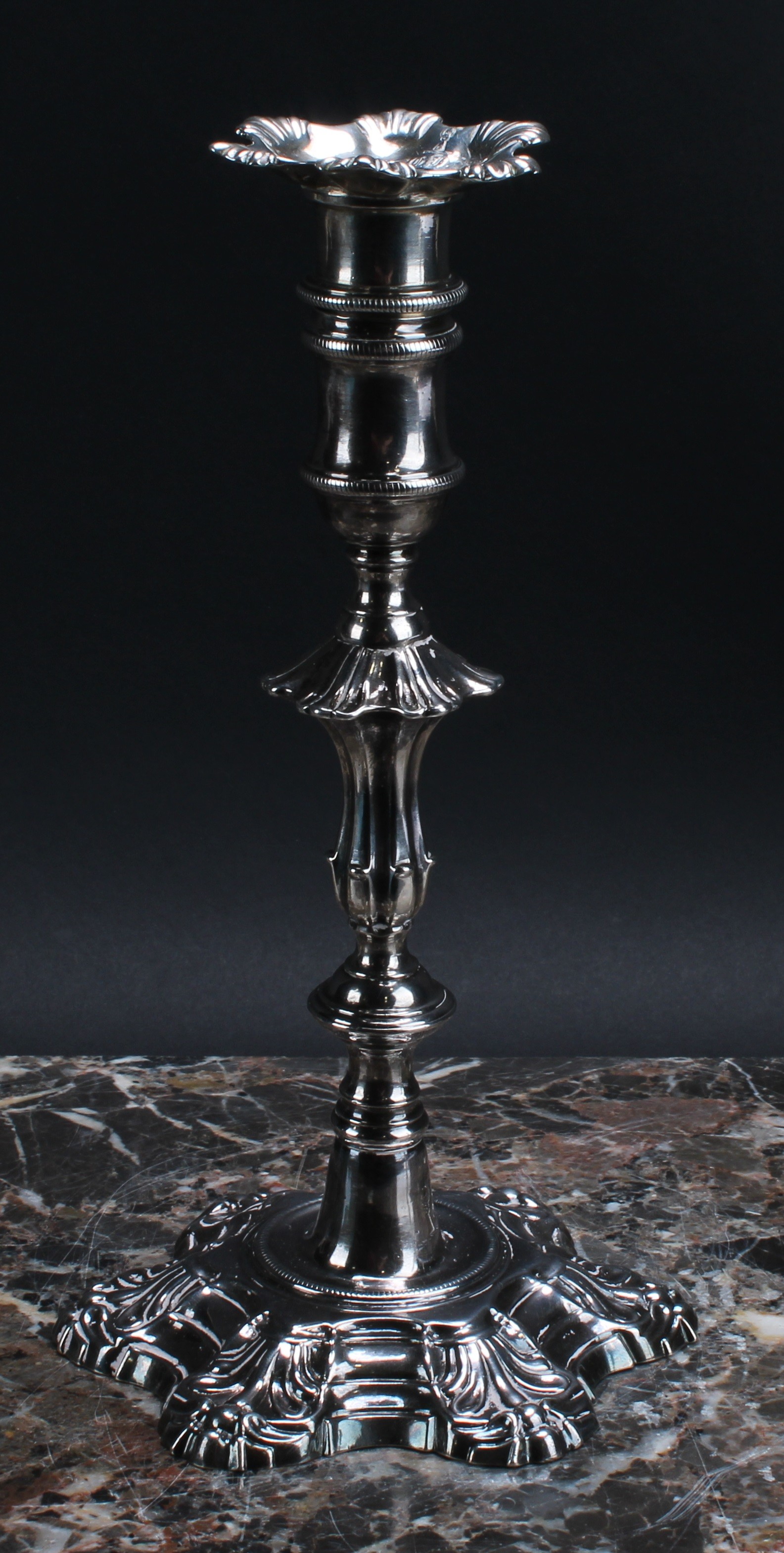 A pair of George II cast silver table candlesticks, unusually tall detachable nozzles, knopped - Image 5 of 6