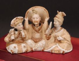 A Continental porcelain nodding head figure group, of two Geisha and Japanese man of title,