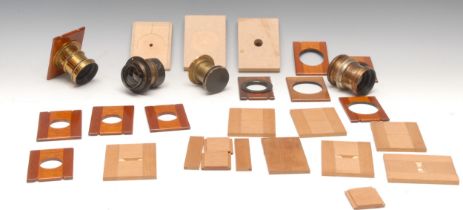 Photography - Lenses and mounting boards. A J . Lancaster and Son, Birmingham, brass lens; others (