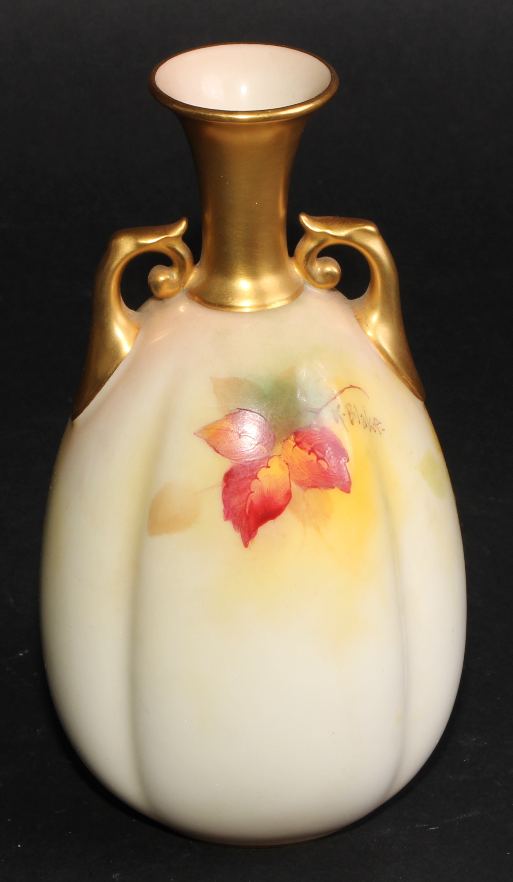 A Royal Worcester fluted ovoid vase, painted by Kitty Blake, signed, with blackberries and - Image 5 of 7