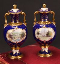 A pair of Royal Crown Derby pedestal ovoid two handled vases and covers, The Chatsworth Vase and The