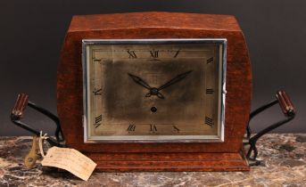 An early 20th century oak double-dial club timepiece, 20cm rectangular silvered dial inscribed