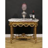 A Louis XVI style giltwood centre table, Calacatta Viola marble top above a frieze pierced and