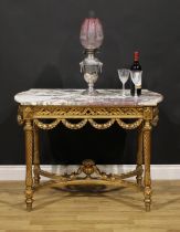 A Louis XVI style giltwood centre table, Calacatta Viola marble top above a frieze pierced and