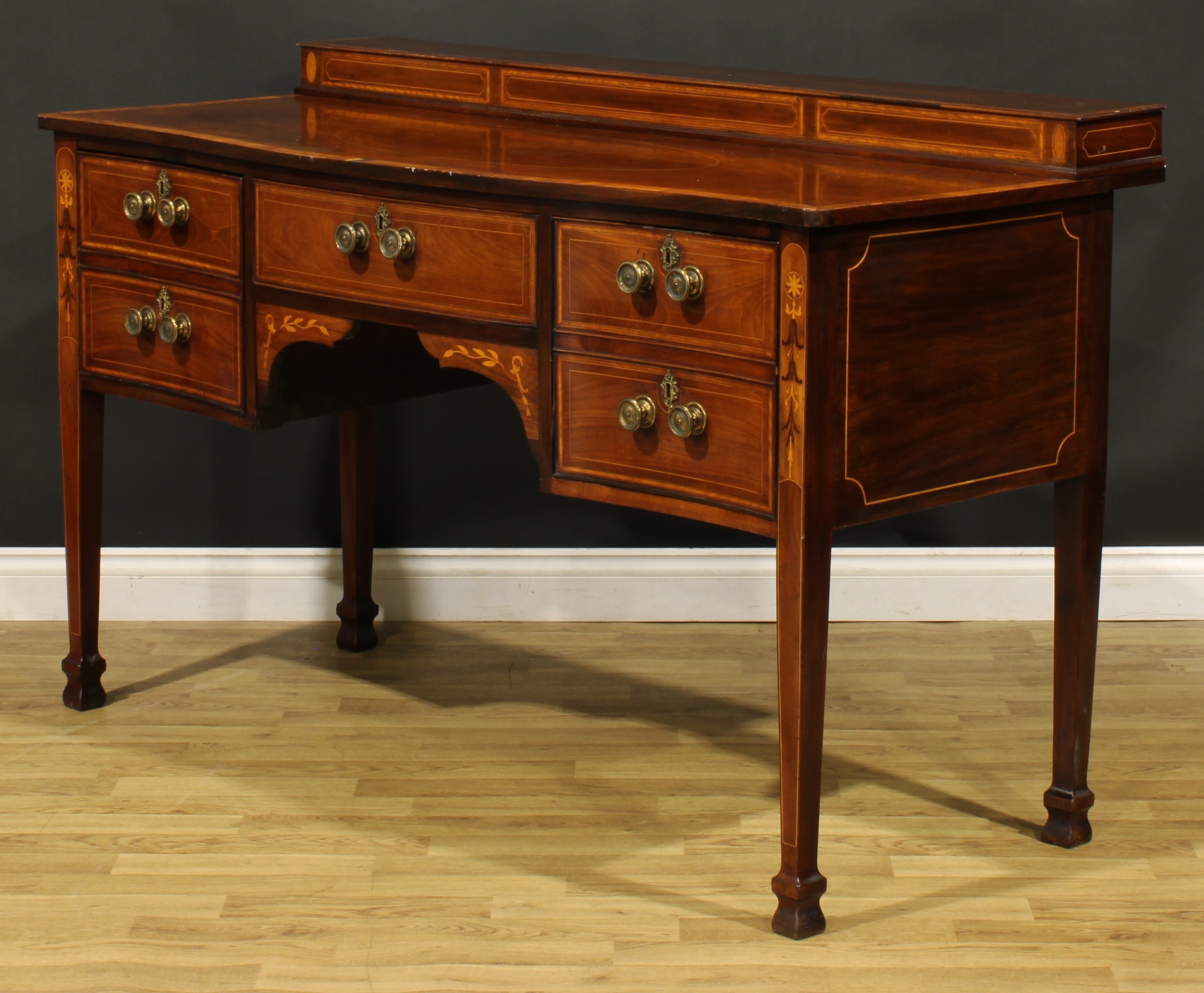 A Sheraton Revival satinwood banded mahogany and marquetry serpentine serving table or sideboard, - Image 5 of 6