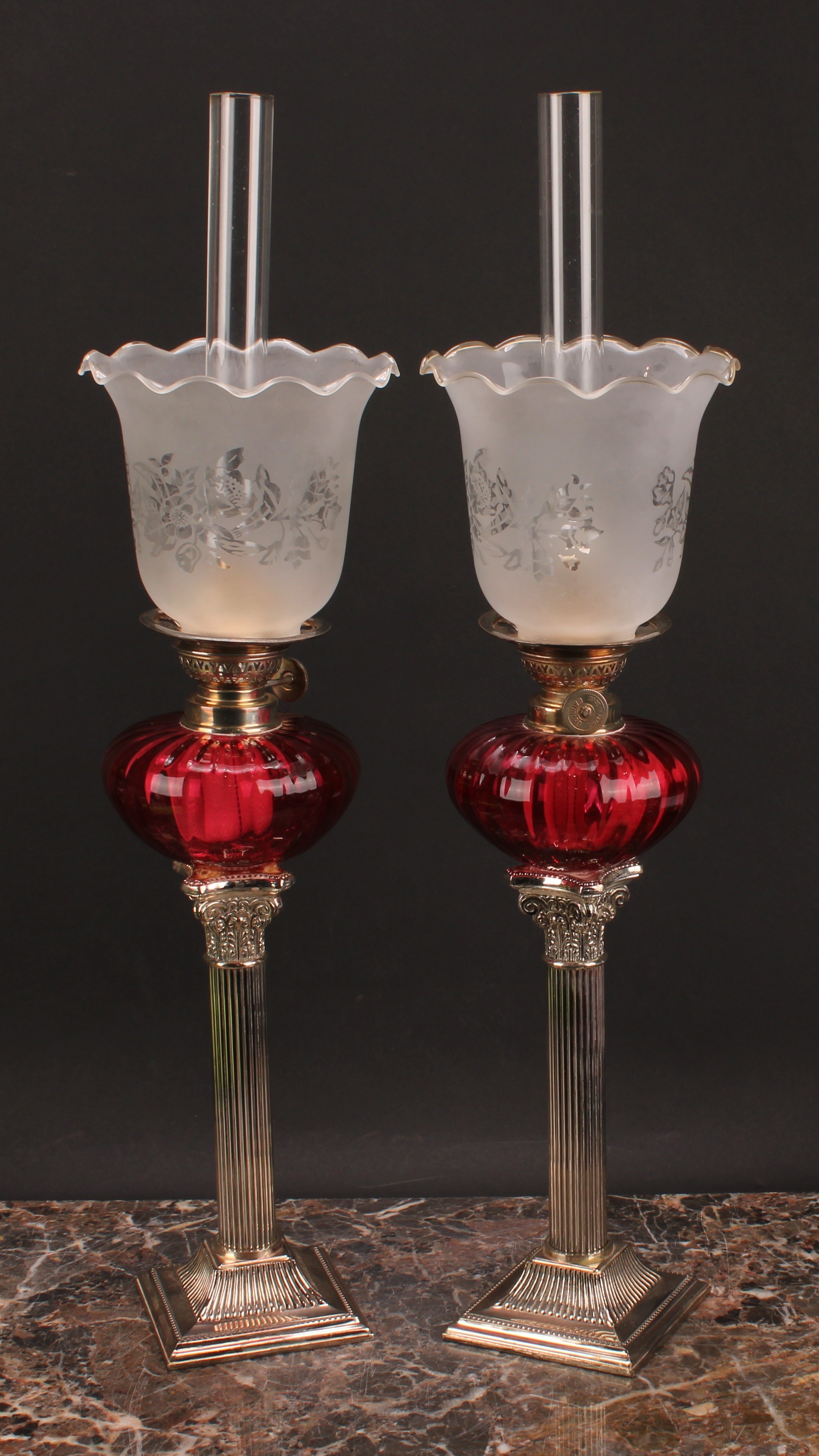 A pair of EPNS Corinthian column table oil lamps, frilled shades, fluted glass reservoirs, 54cm high - Image 2 of 6
