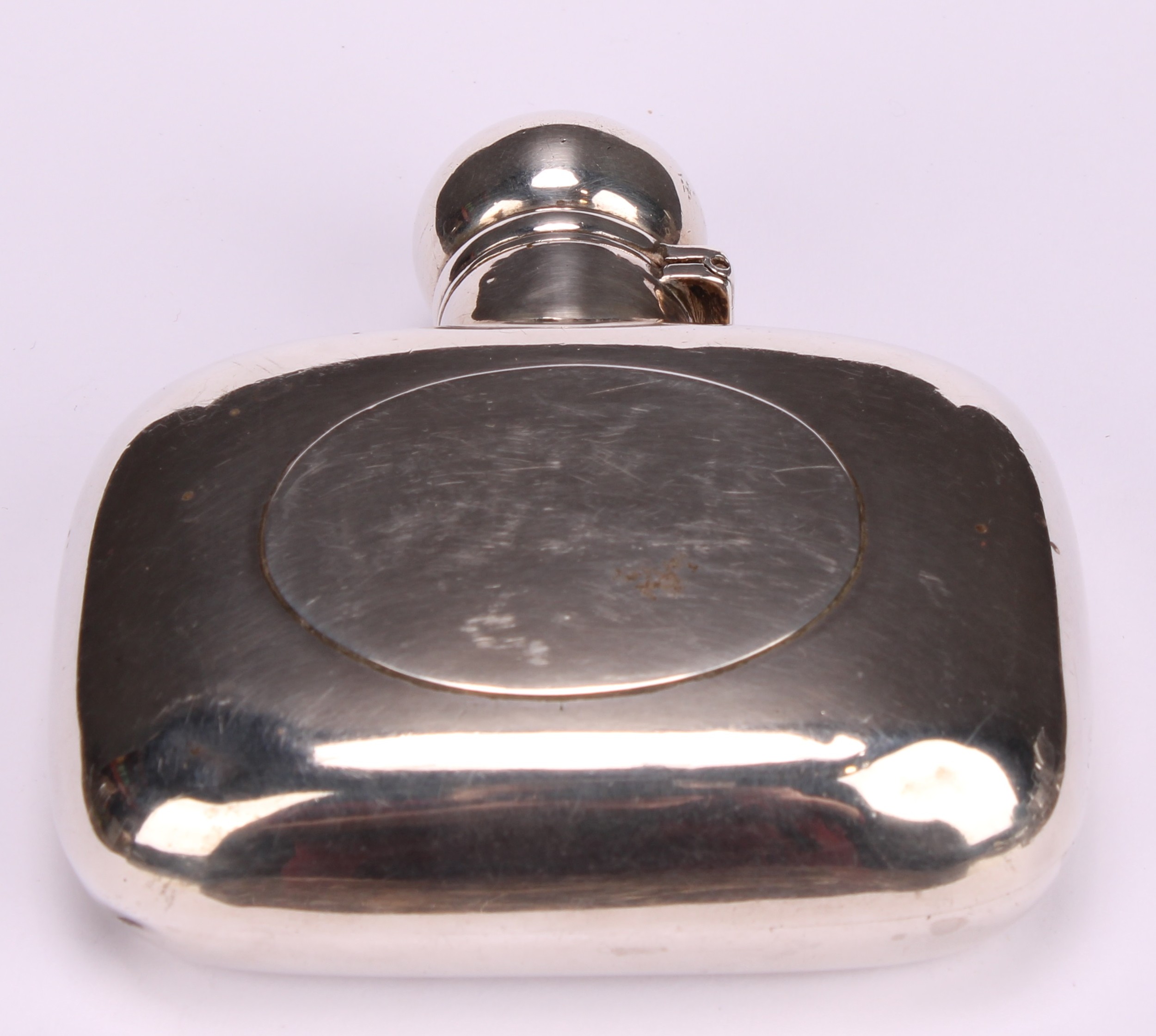 A Victorian silver curved rounded rectangular hip flask, domed hinged bayonet cap, 7.5cm wide, - Image 2 of 5