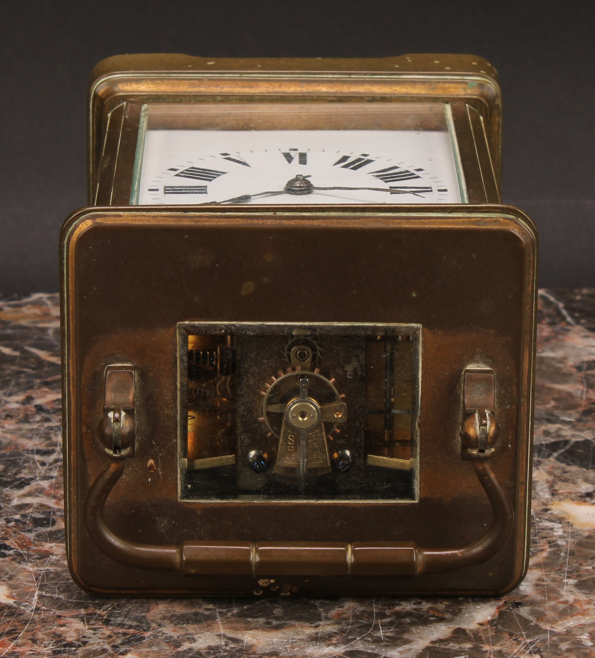 An early 20th century lacquered brass carriage clock, 6.5cm rectangular dial inscribed with Roman - Image 7 of 7