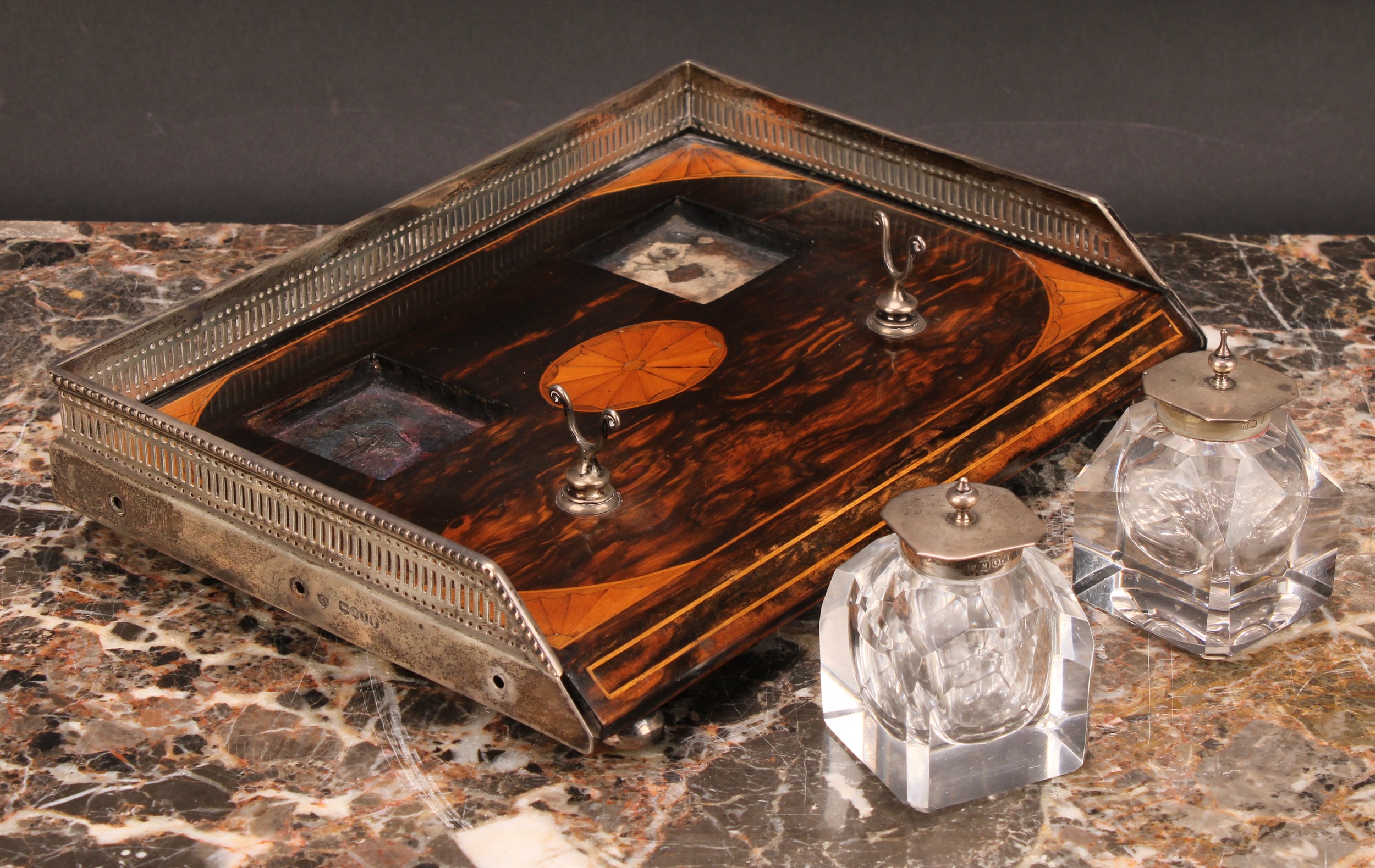 A Victorian silver mounted coromandel and marquetry inkstand, pierced three-quarter gallery, cut - Image 4 of 5