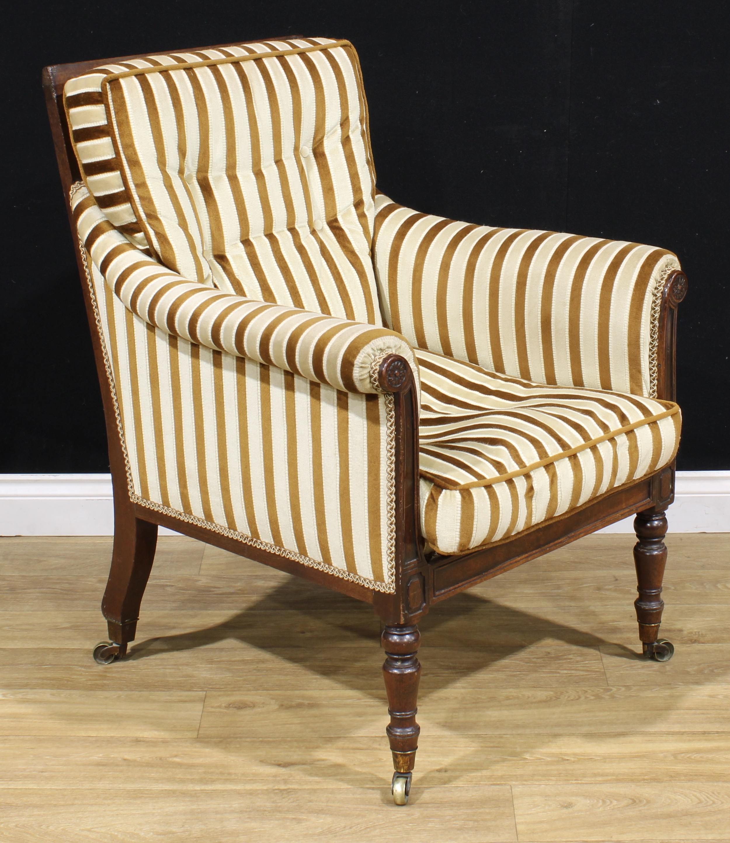 A George IV mahogany library chair, cane back, stuffed-over upholstery, turned forelegs, brass - Image 2 of 4