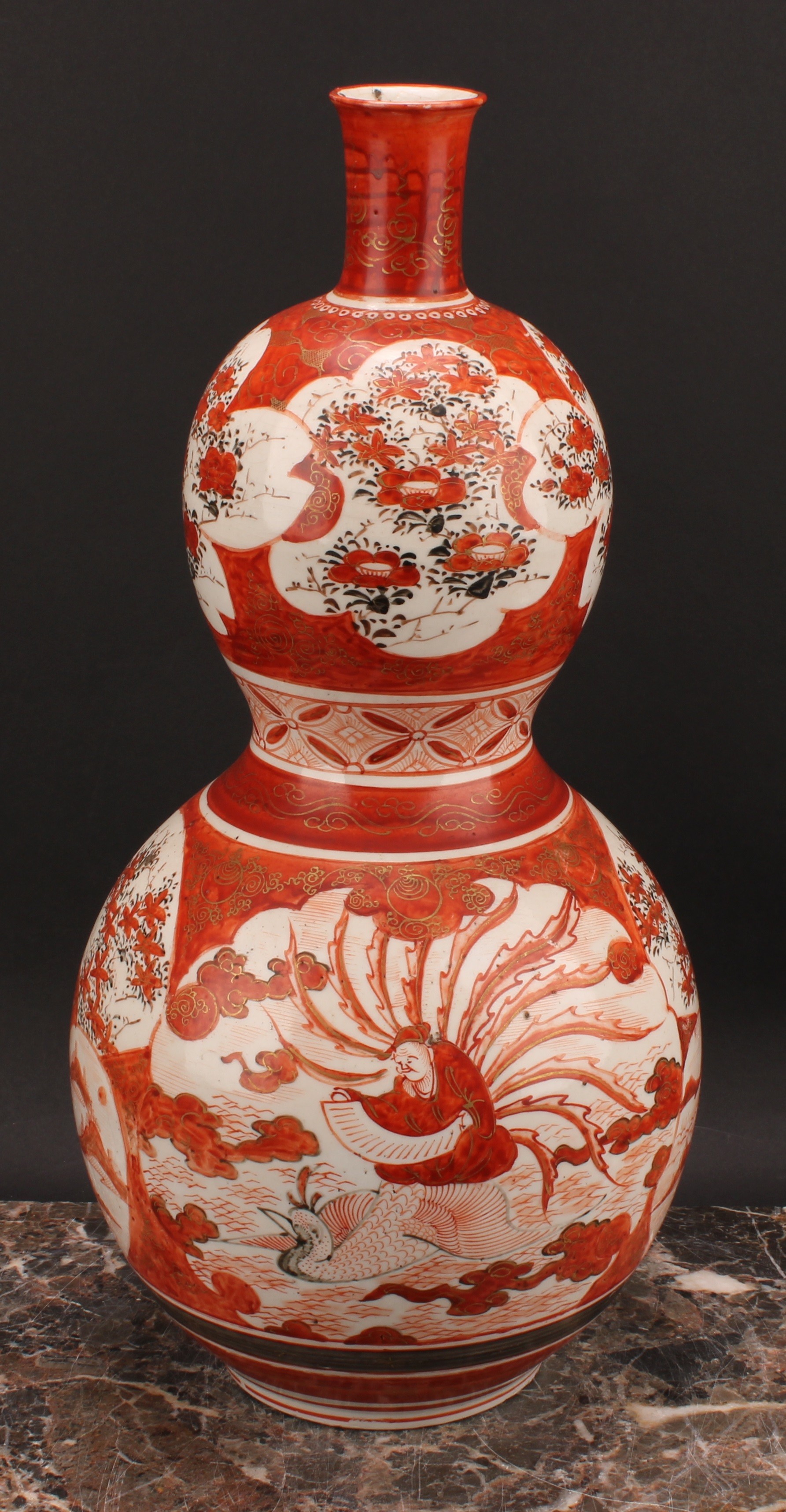 A Japanese Kutani double gourd vase, painted in the typical palette with a deity seated on a - Image 2 of 5