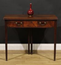 A George III mahogany tea table, hinged top above a long frieze drawer, moulded tapered square