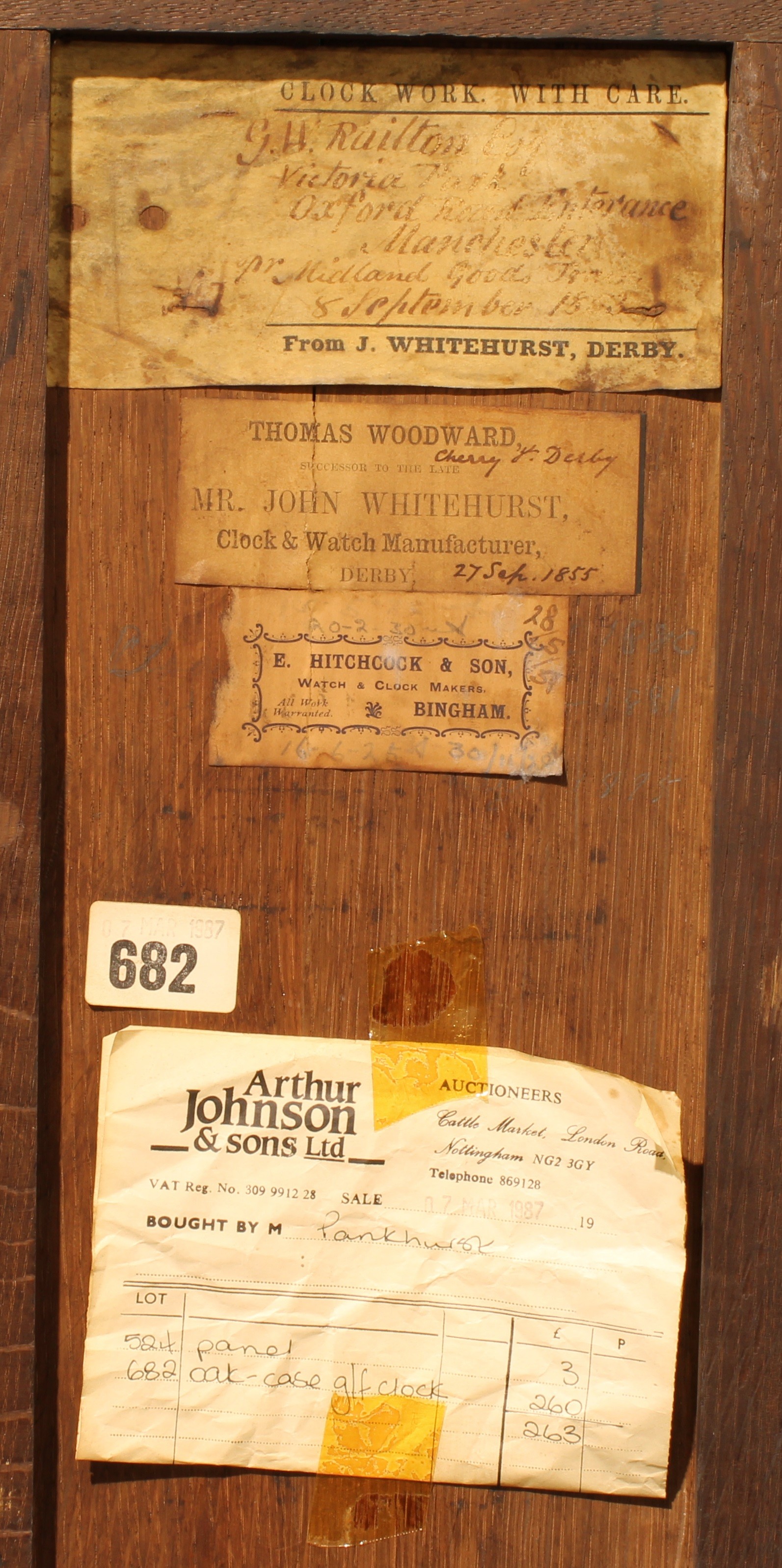 A mid-19th century Derbyshire oak servants’ hall longcase clock, 30.5cm square dial inscribed - Image 6 of 6